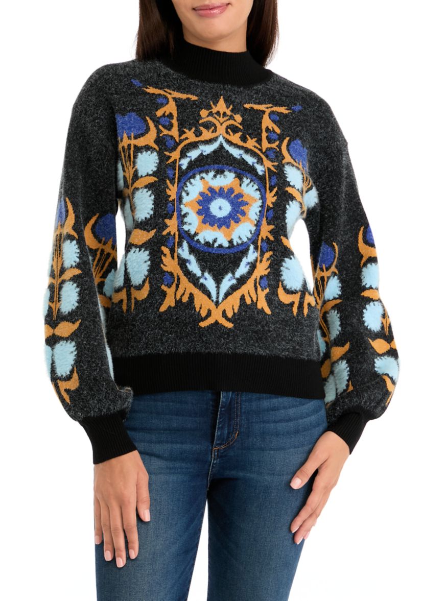 Womens Printed Mock Neck Eyelash Sweater
