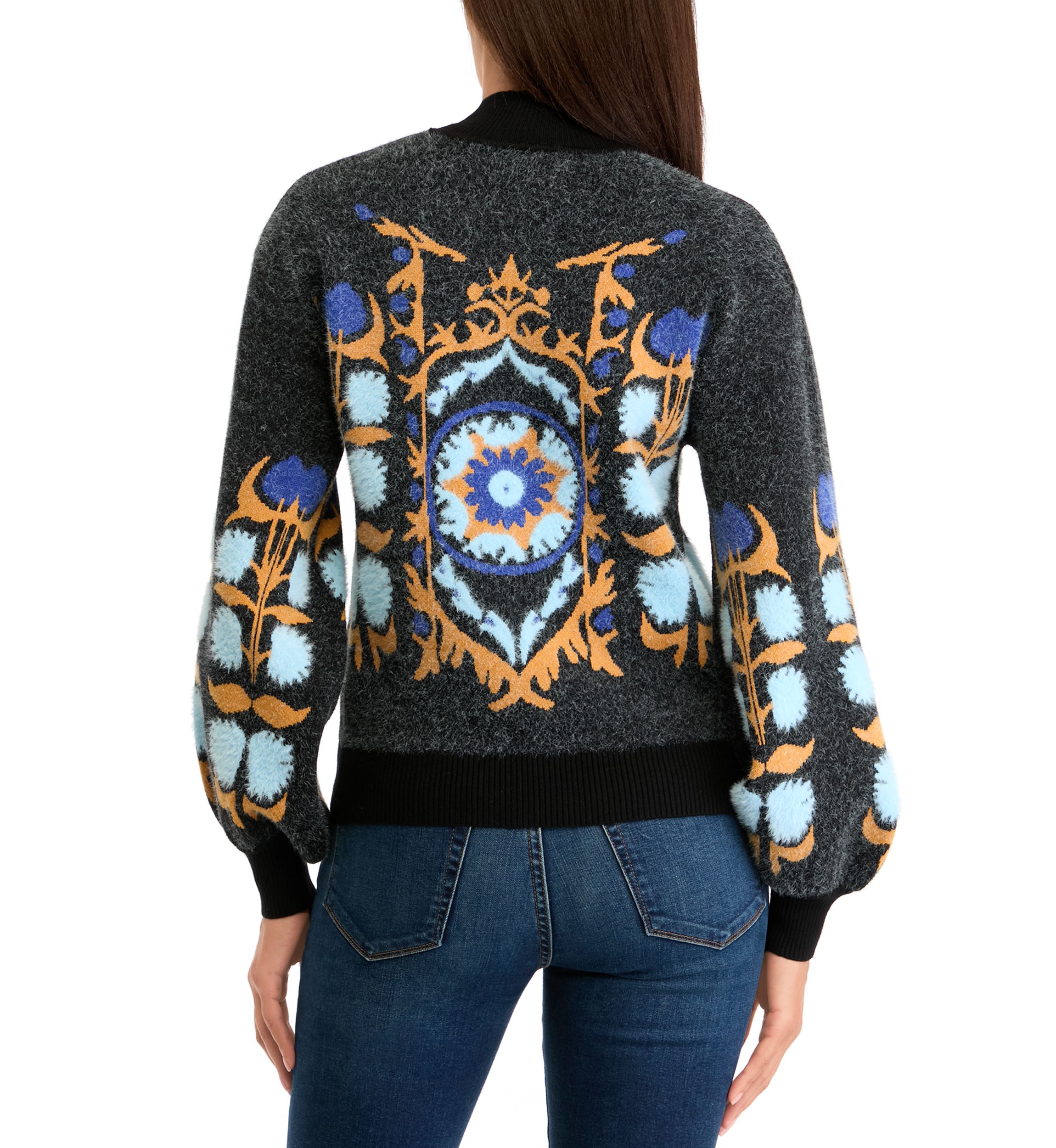 Womens Printed Mock Neck Eyelash Sweater