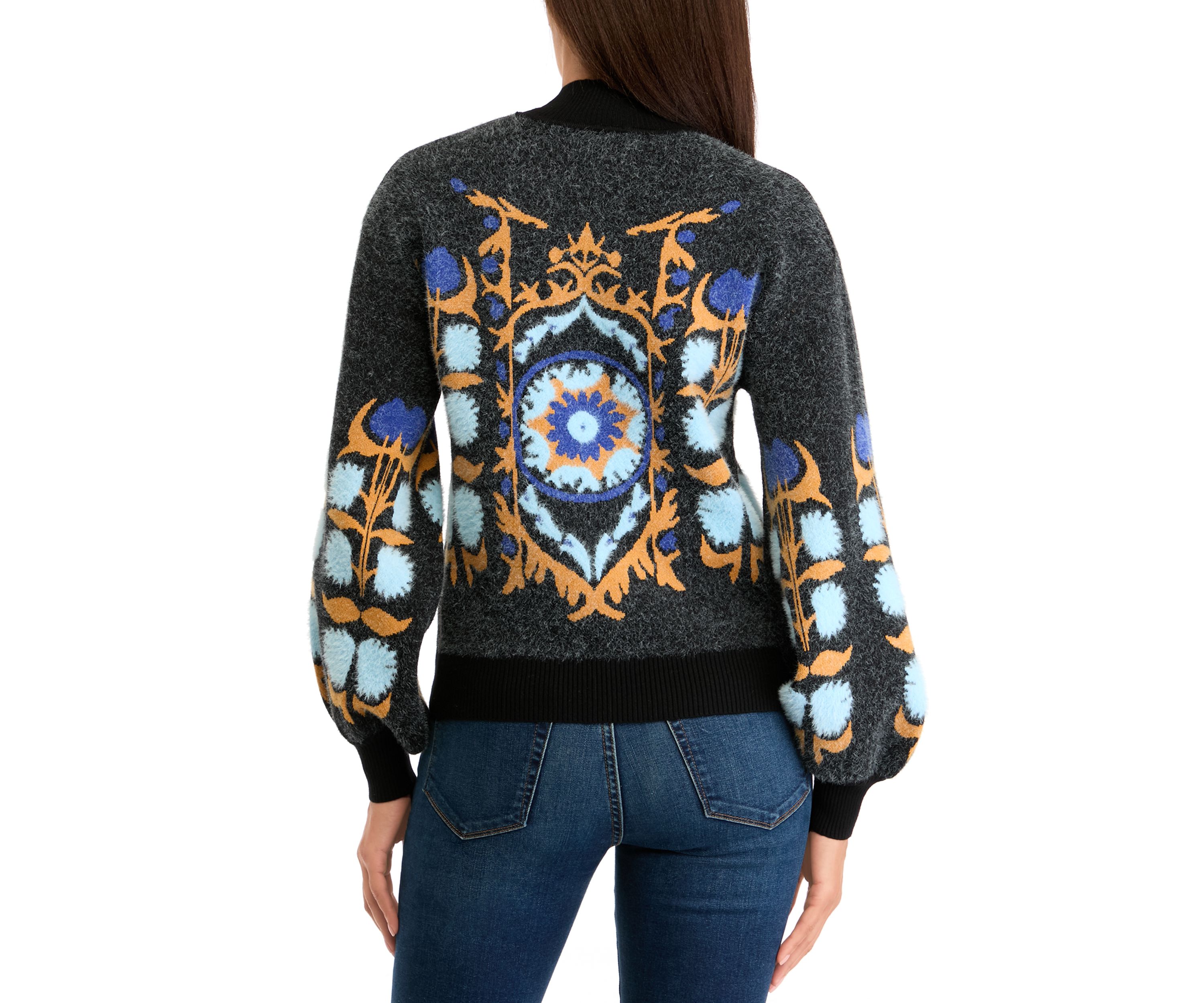 Womens Printed Mock Neck Eyelash Sweater