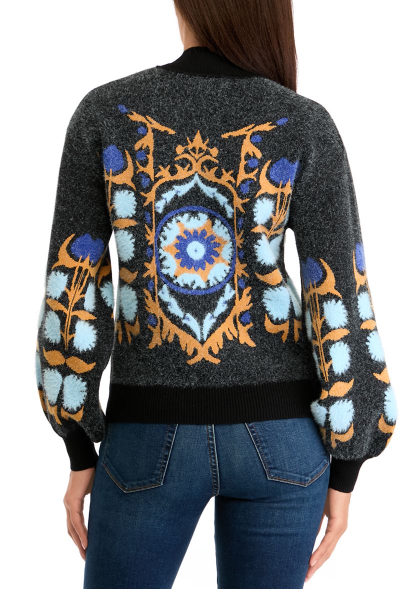 Womens Printed Mock Neck Eyelash Sweater