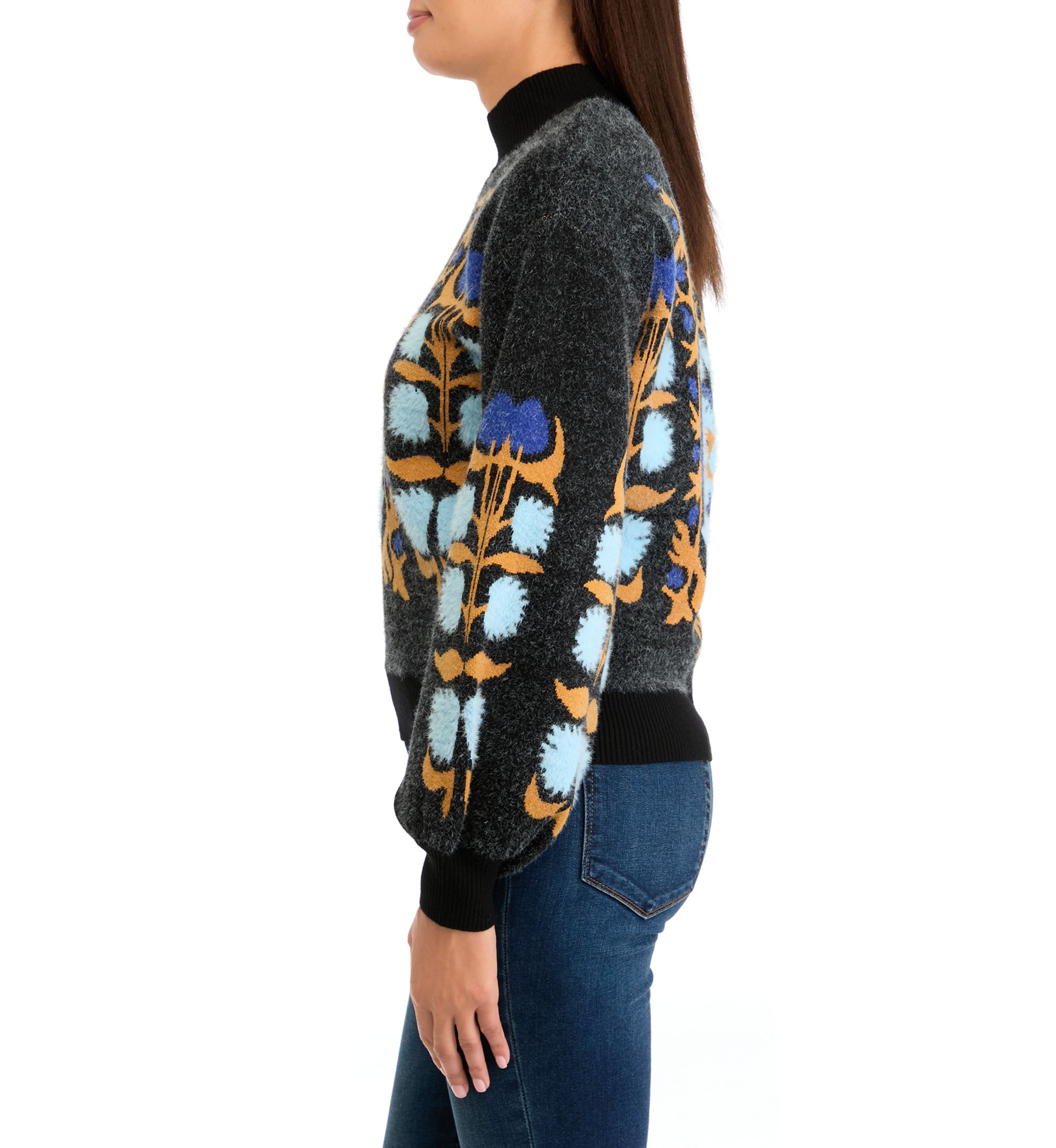 Womens Printed Mock Neck Eyelash Sweater