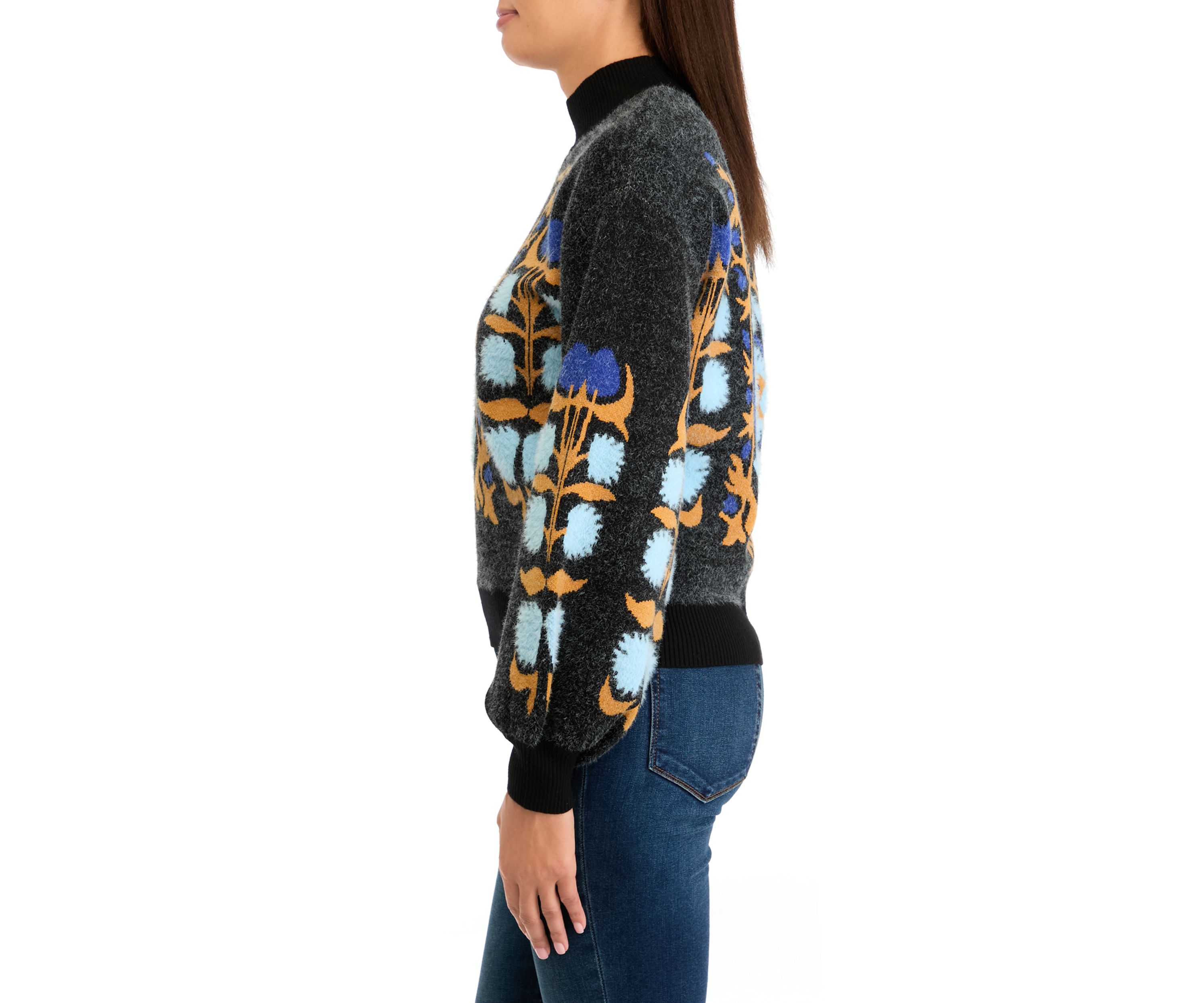 Womens Printed Mock Neck Eyelash Sweater