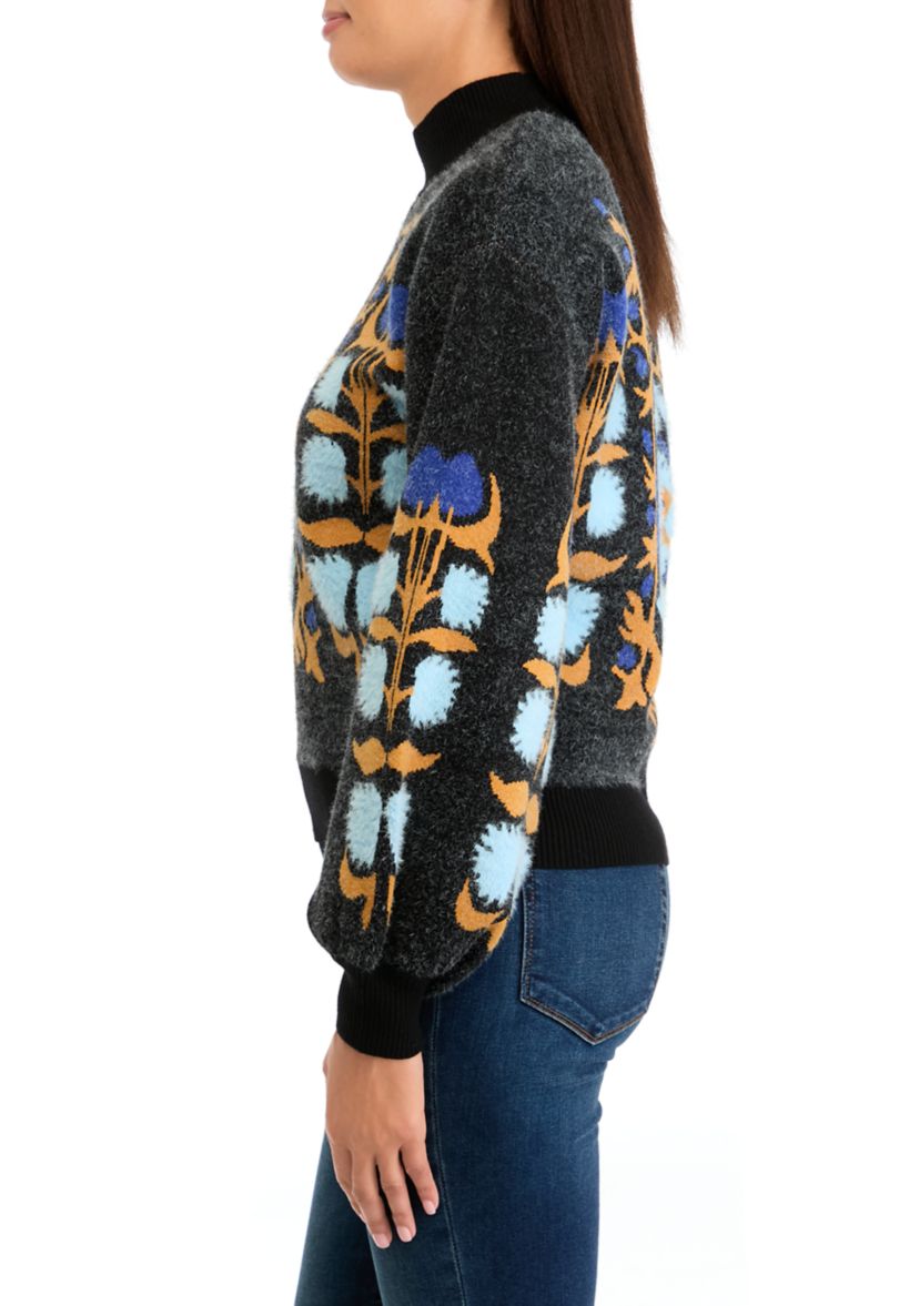 Womens Printed Mock Neck Eyelash Sweater