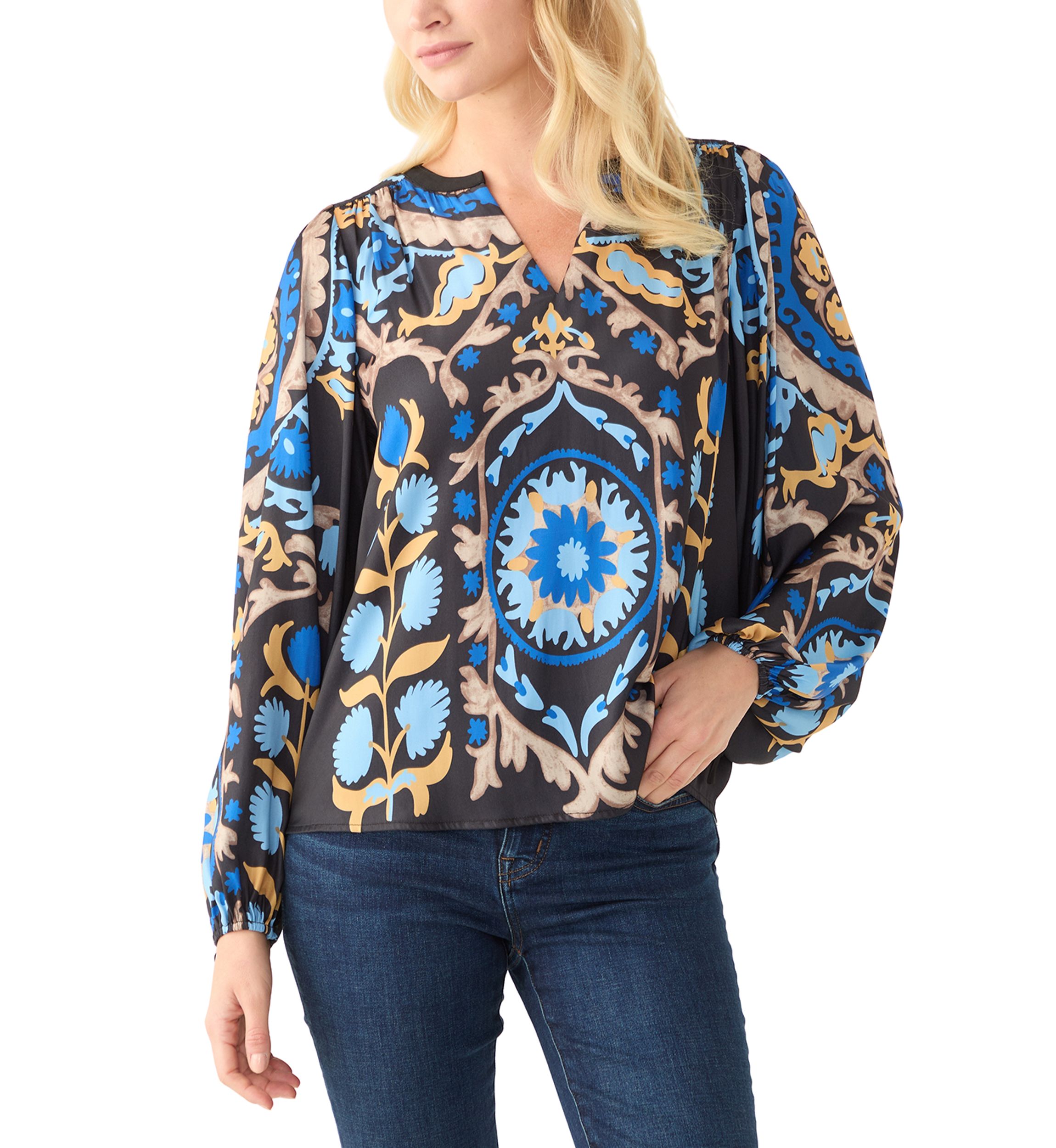 Womens 3/4 Sleeve Medallion Print Split Neck Peasant Blouse
