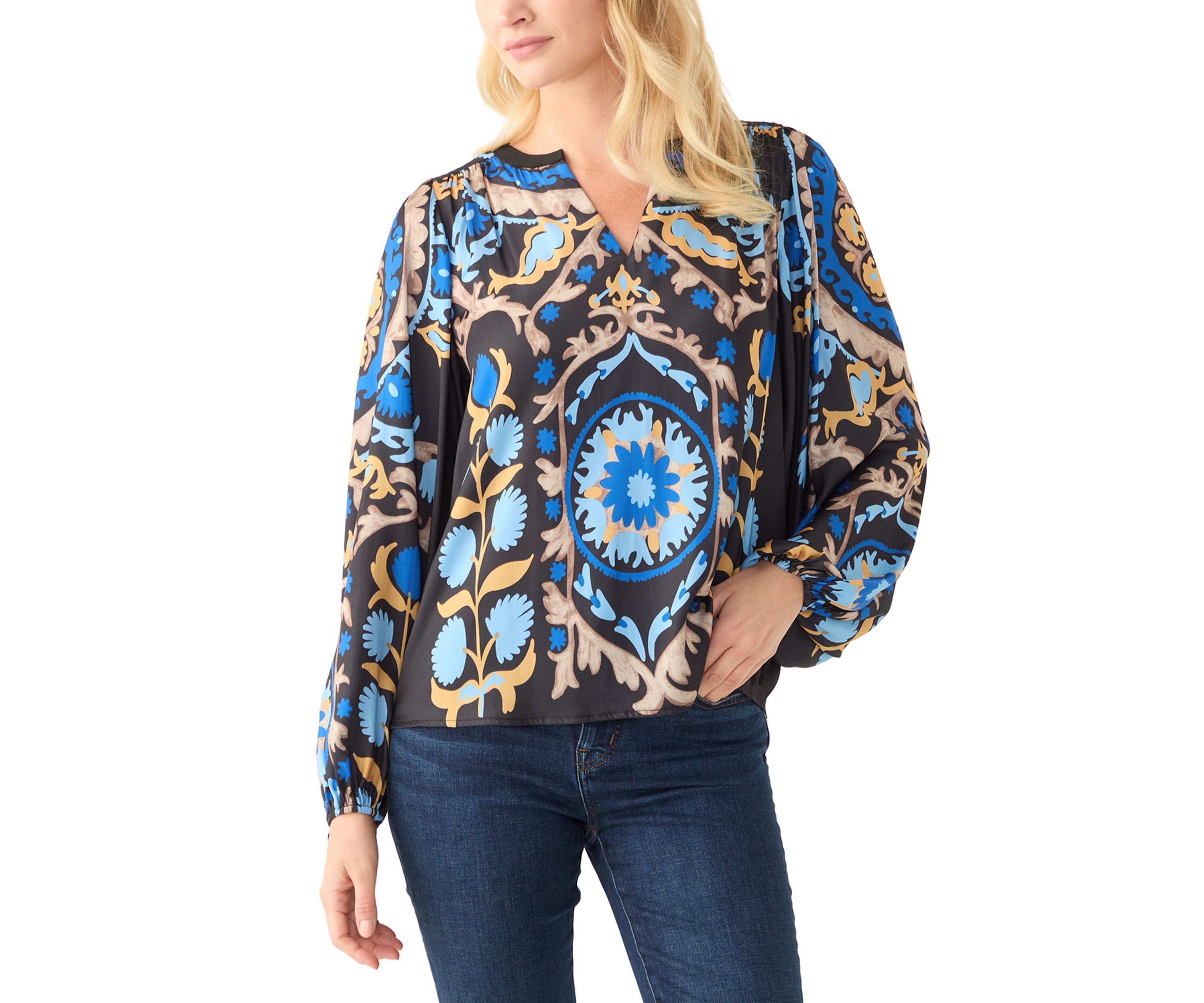 Womens 3/4 Sleeve Medallion Print Split Neck Peasant Blouse