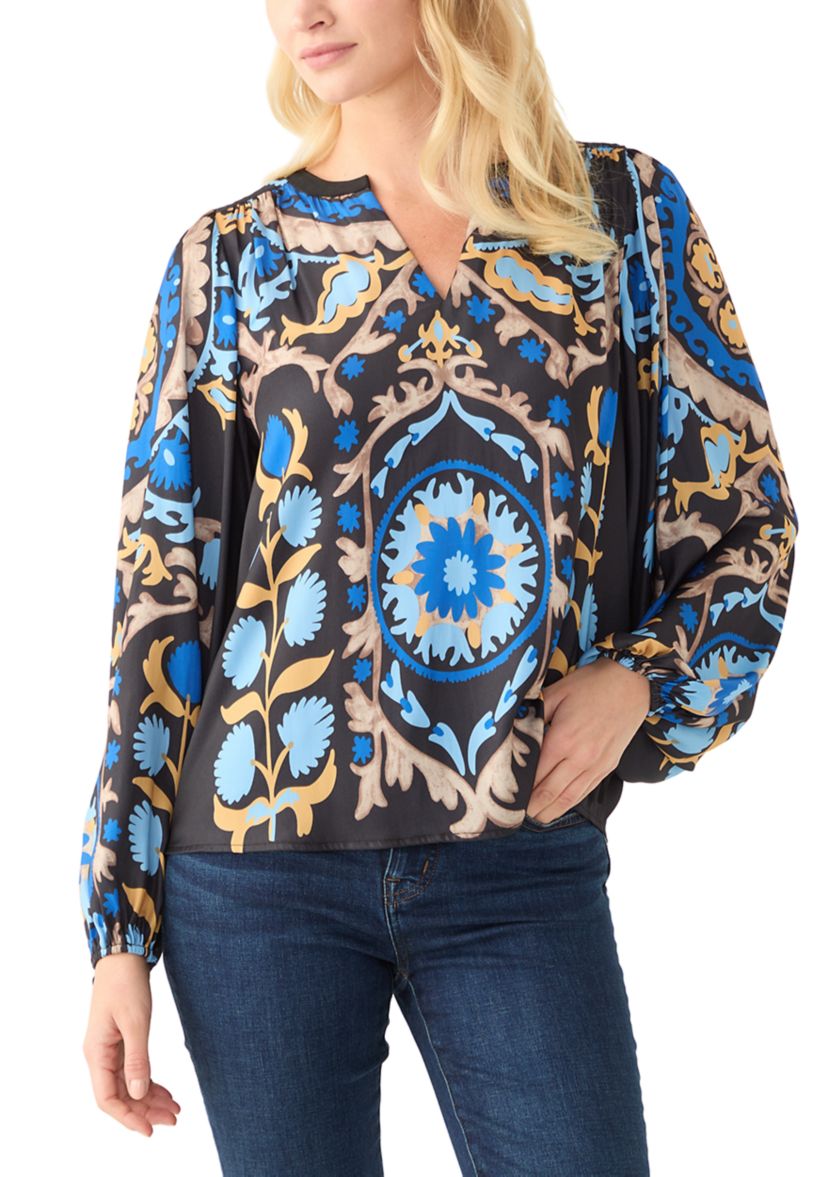Womens 3/4 Sleeve Medallion Print Split Neck Peasant Blouse