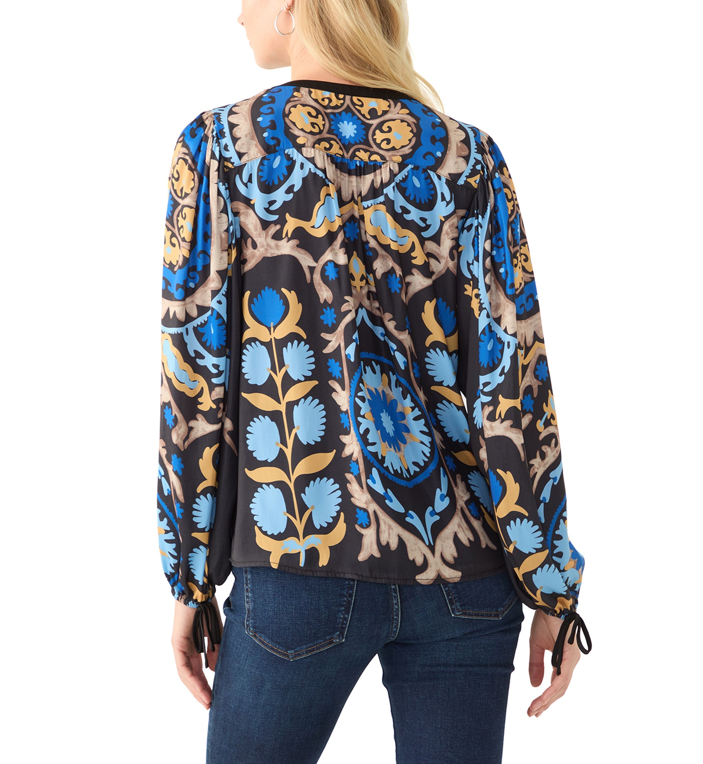 Womens 3/4 Sleeve Medallion Print Split Neck Peasant Blouse