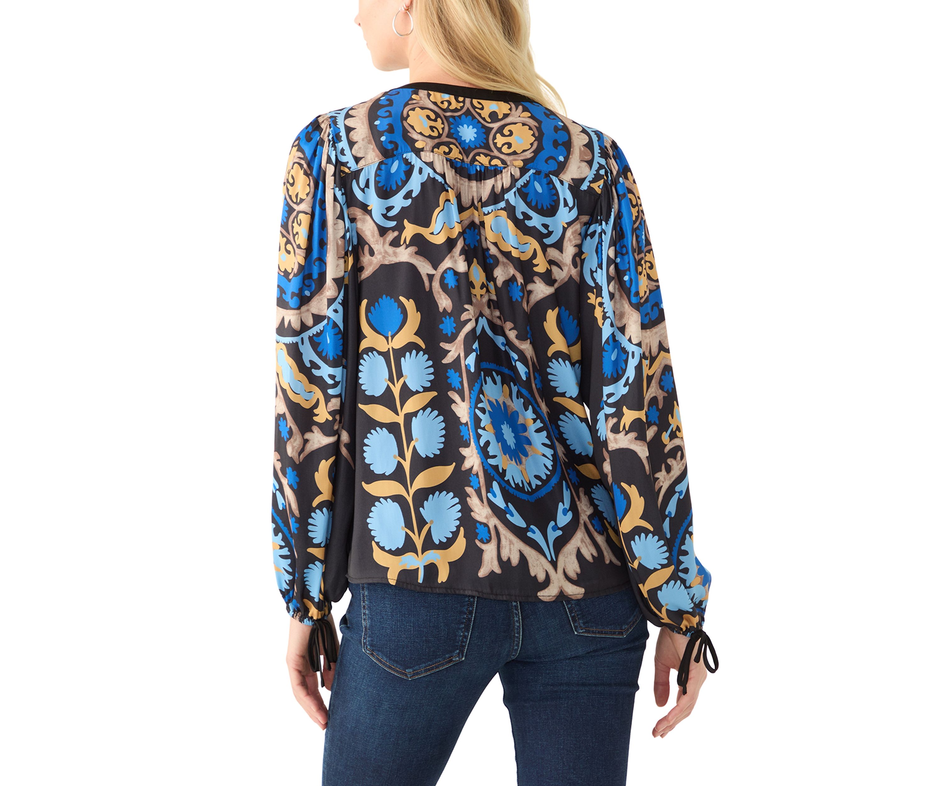 Womens 3/4 Sleeve Medallion Print Split Neck Peasant Blouse
