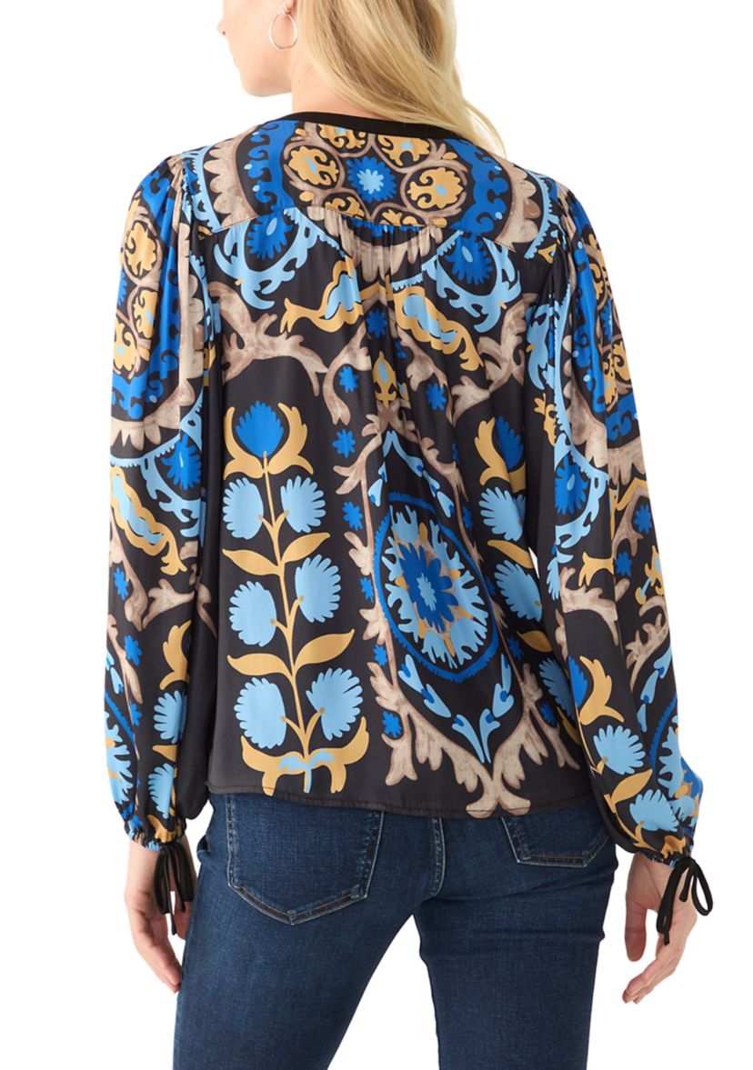Womens 3/4 Sleeve Medallion Print Split Neck Peasant Blouse