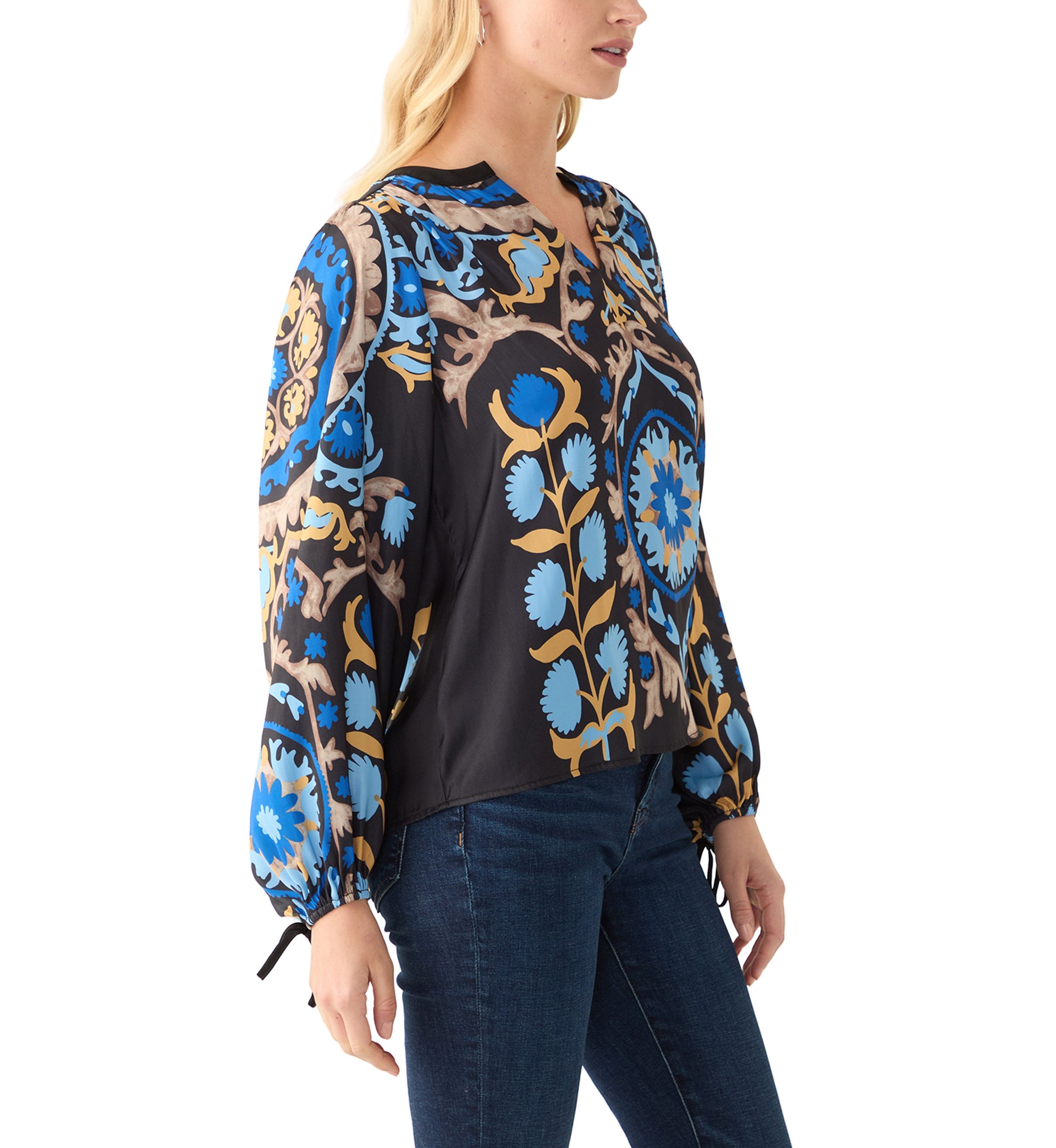 Womens 3/4 Sleeve Medallion Print Split Neck Peasant Blouse