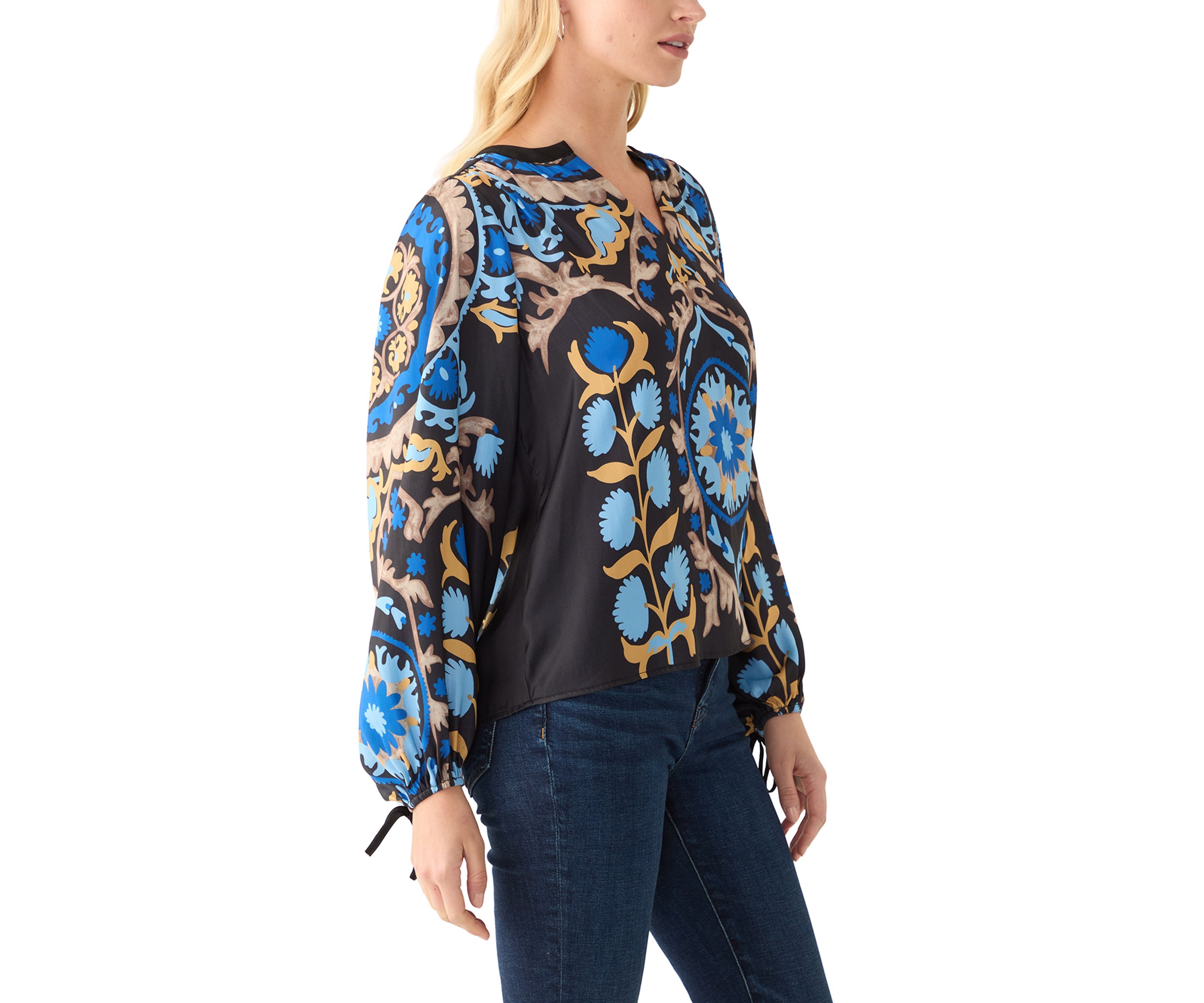 Womens 3/4 Sleeve Medallion Print Split Neck Peasant Blouse
