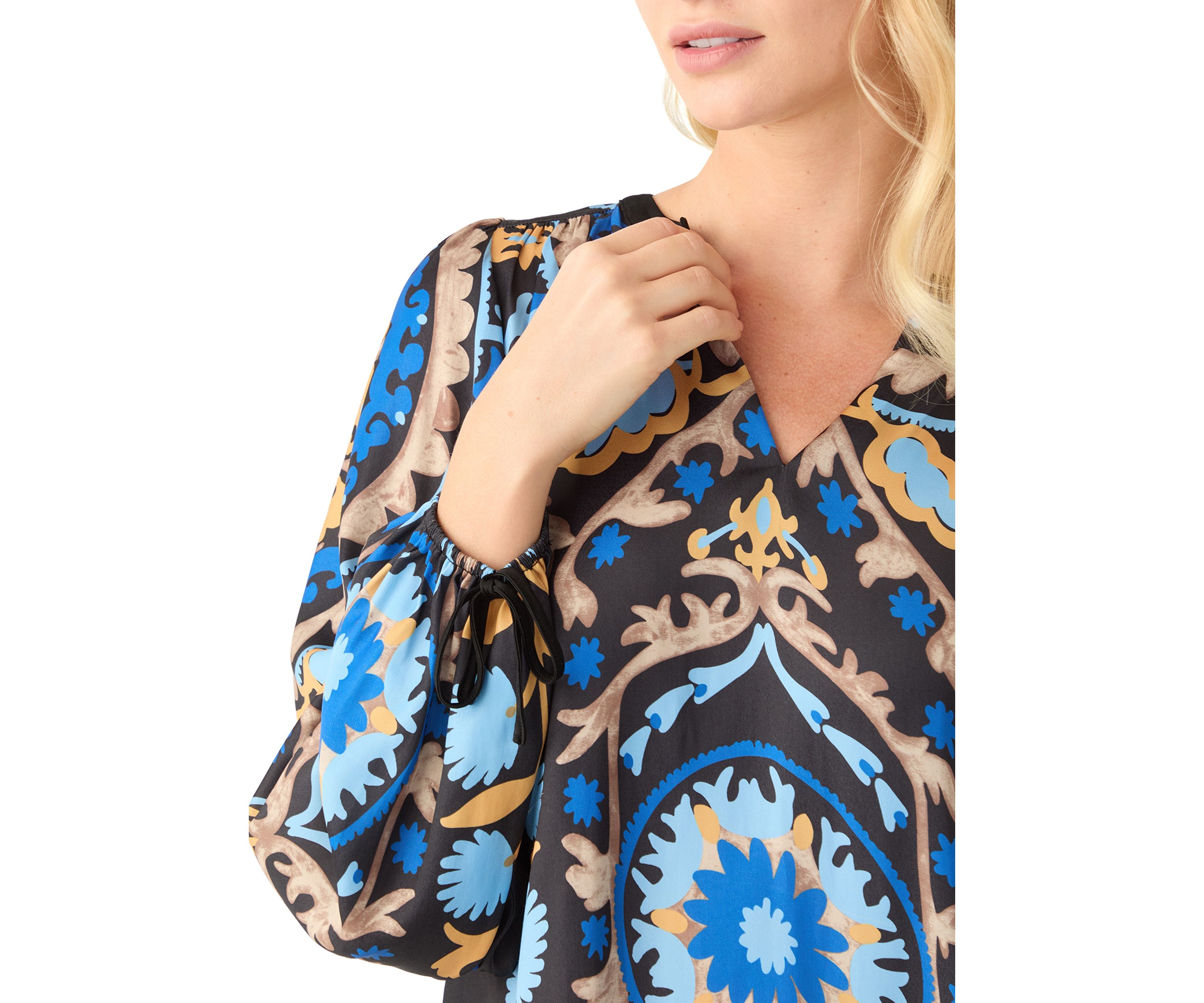 Womens 3/4 Sleeve Medallion Print Split Neck Peasant Blouse