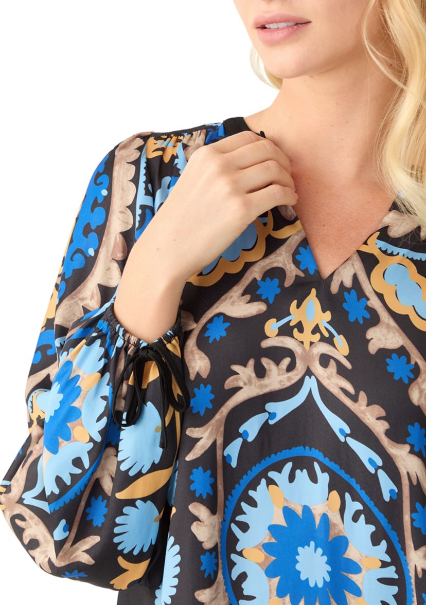 Womens 3/4 Sleeve Medallion Print Split Neck Peasant Blouse