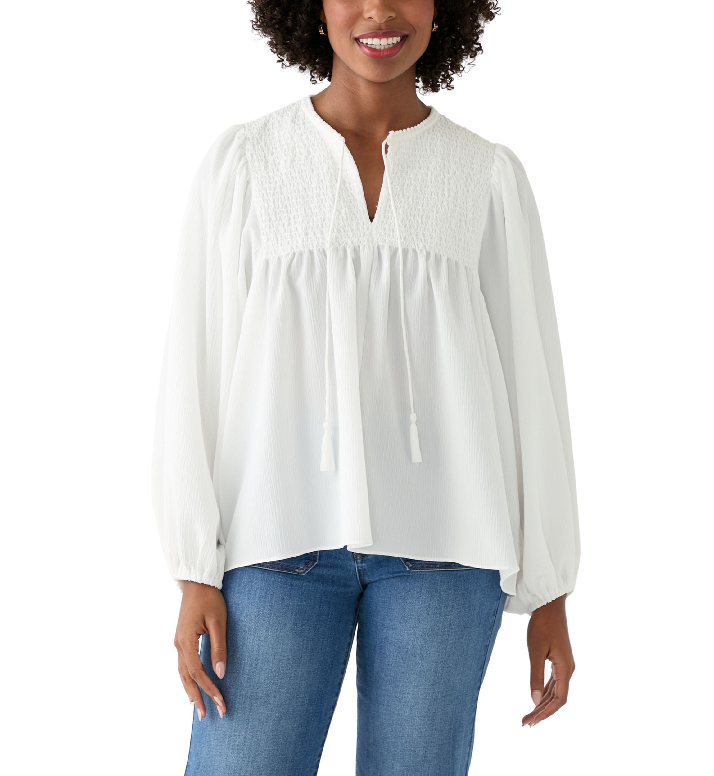 Womens Long Blouson Sleeve Top with Smocking 