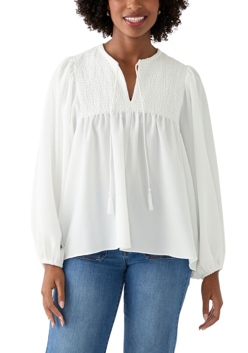 Womens Long Blouson Sleeve Top with Smocking 