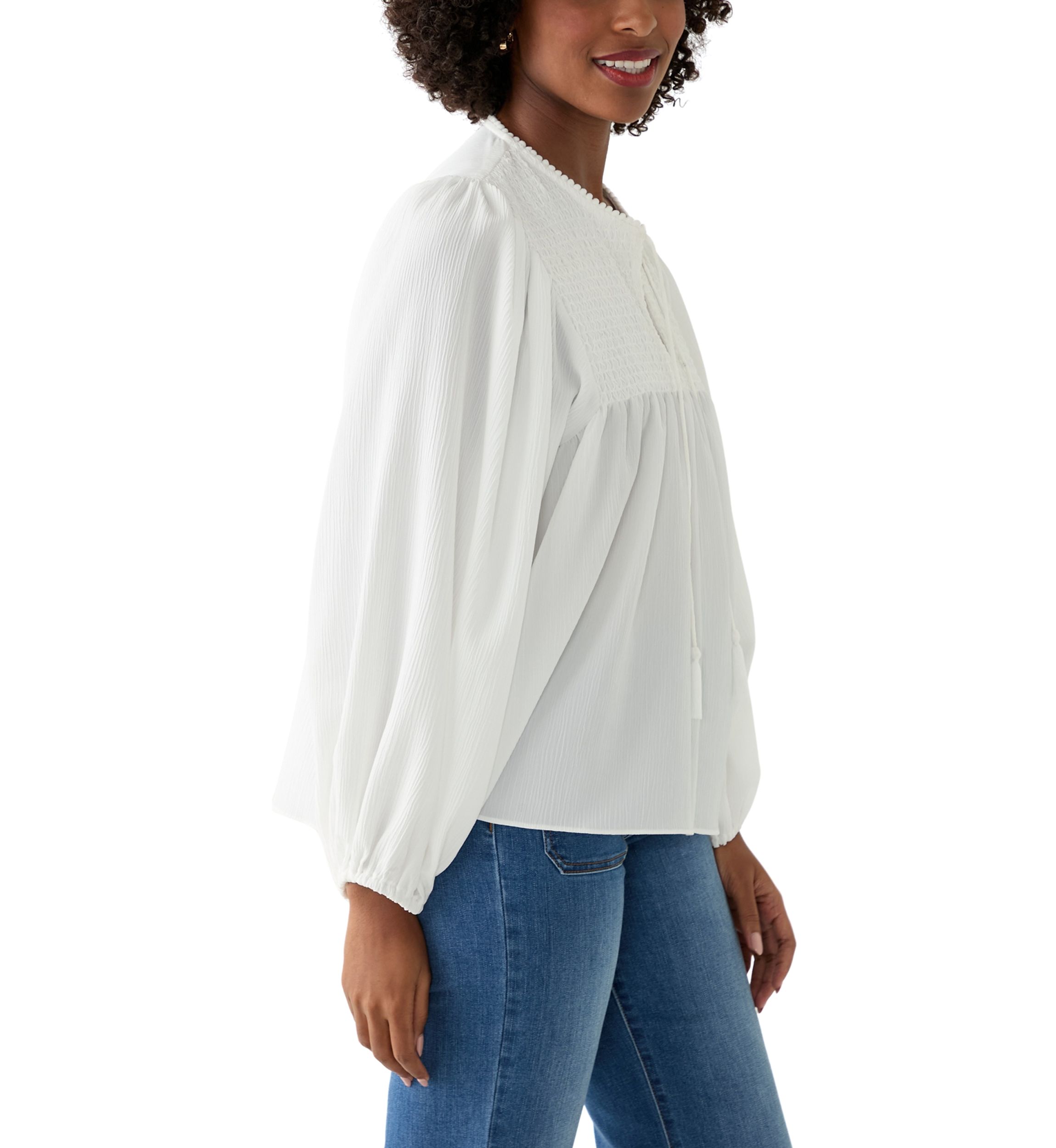 Womens Long Blouson Sleeve Top with Smocking 