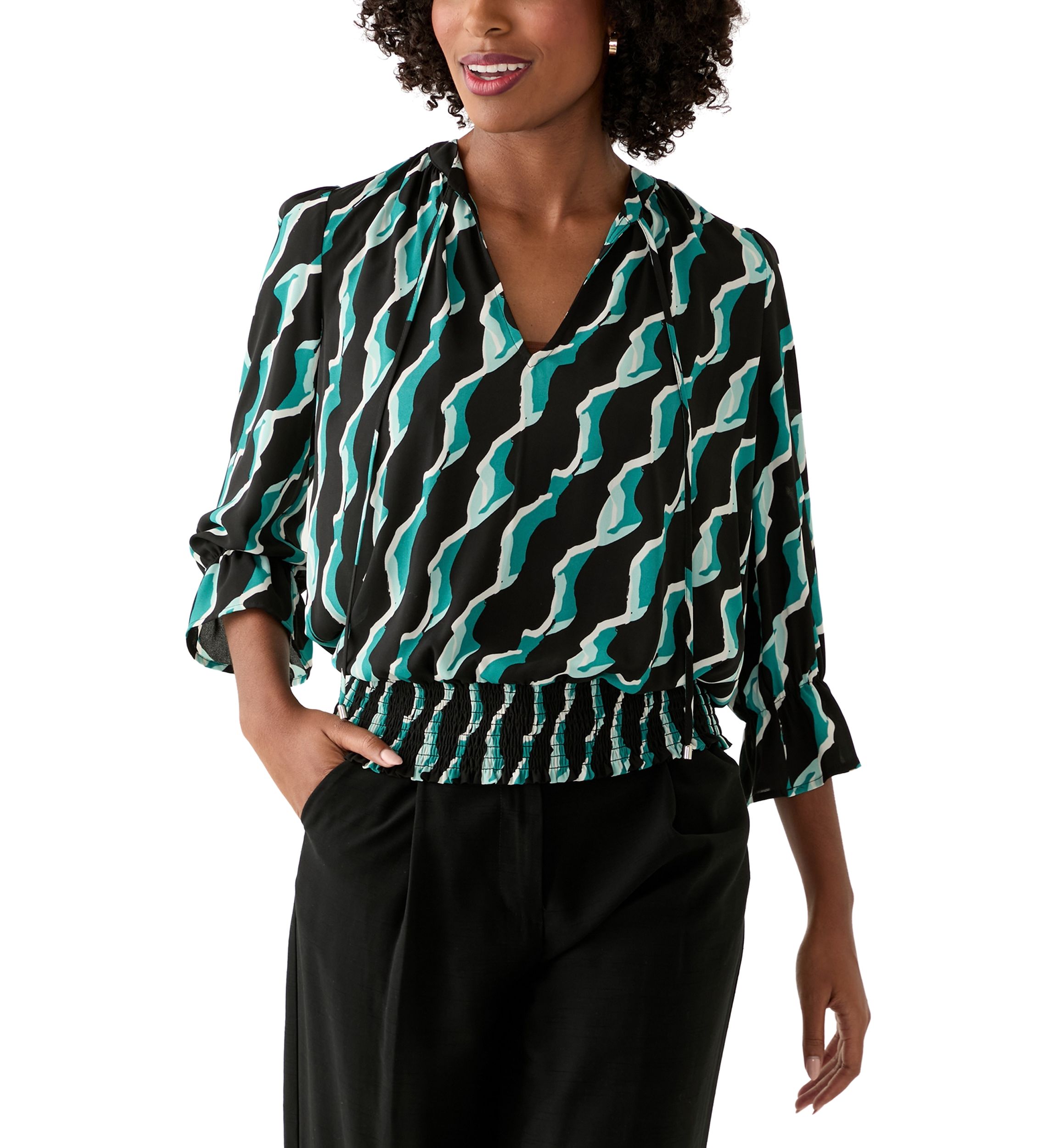 Womens Long Sleeve Split Neck Geometric Top 