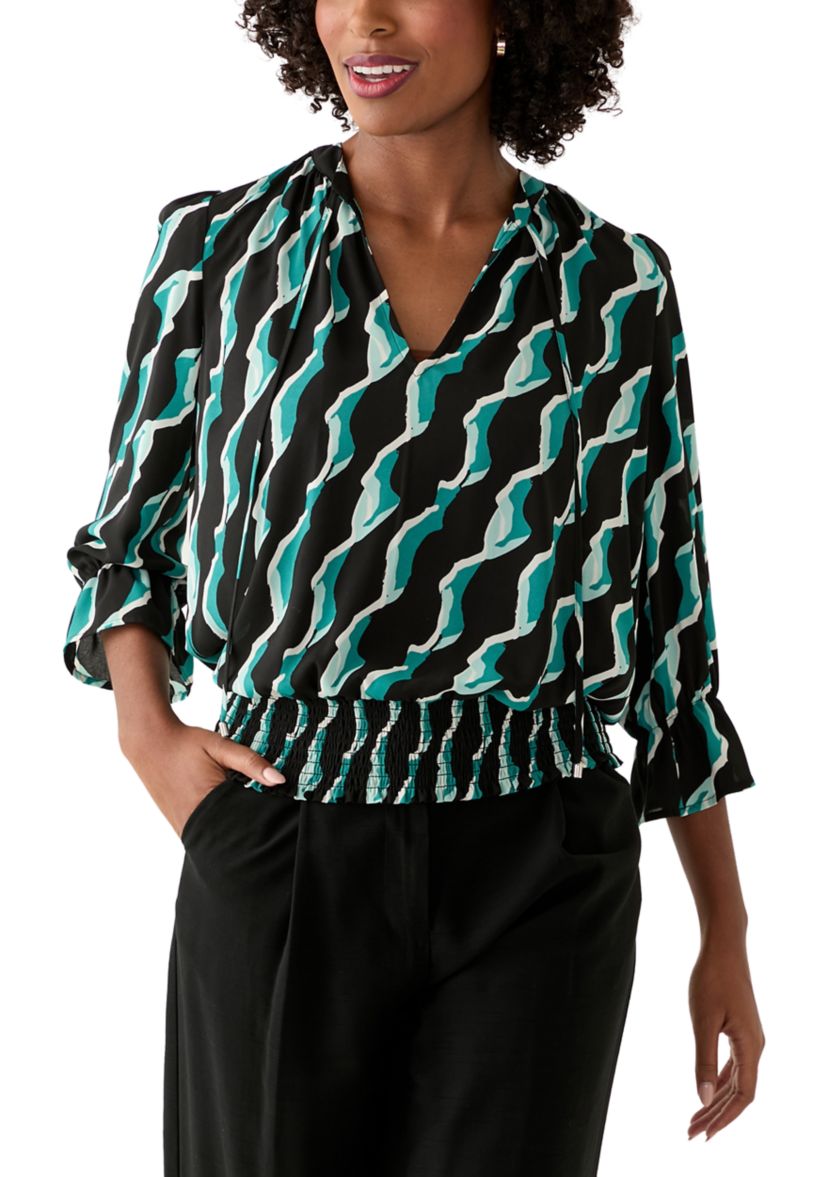 Womens Long Sleeve Split Neck Geometric Top 