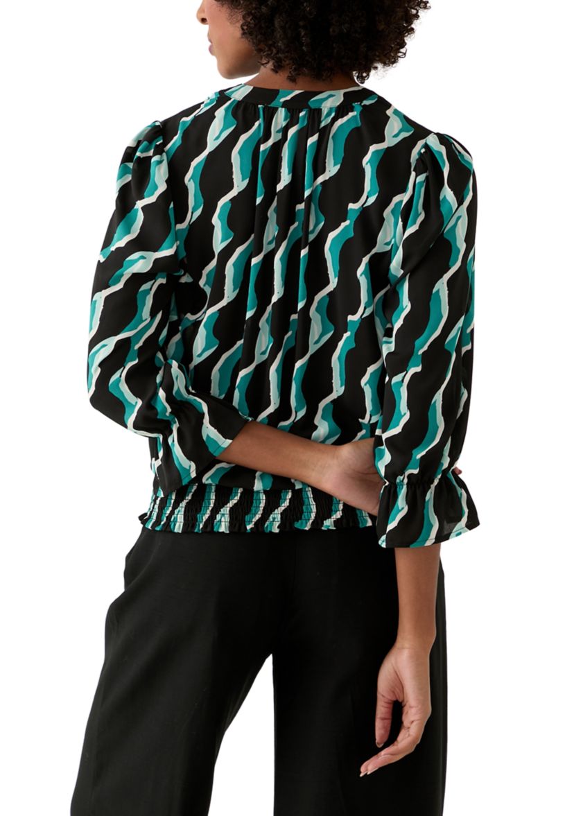 Womens Long Sleeve Split Neck Geometric Top 