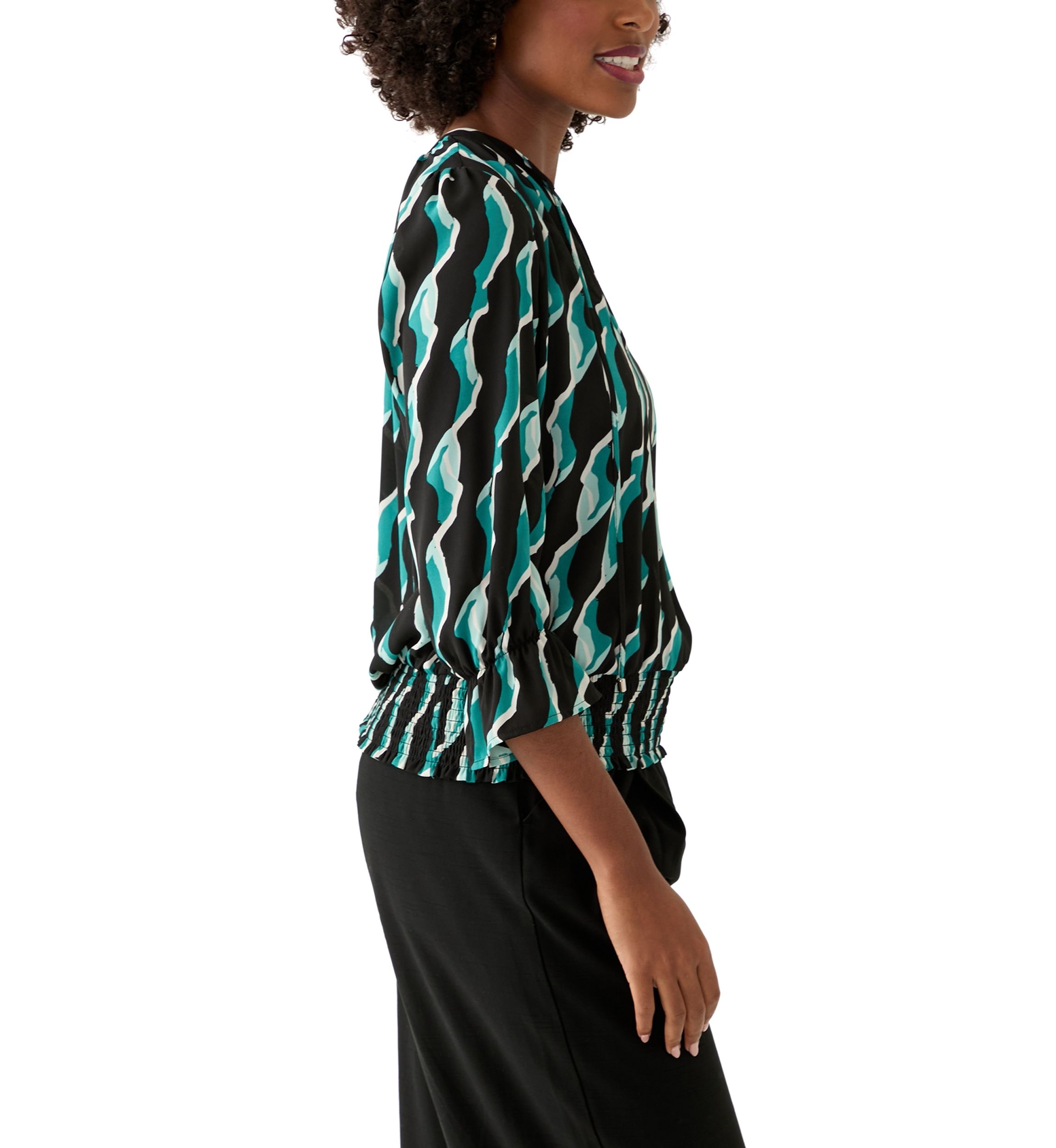 Womens Long Sleeve Split Neck Geometric Top 