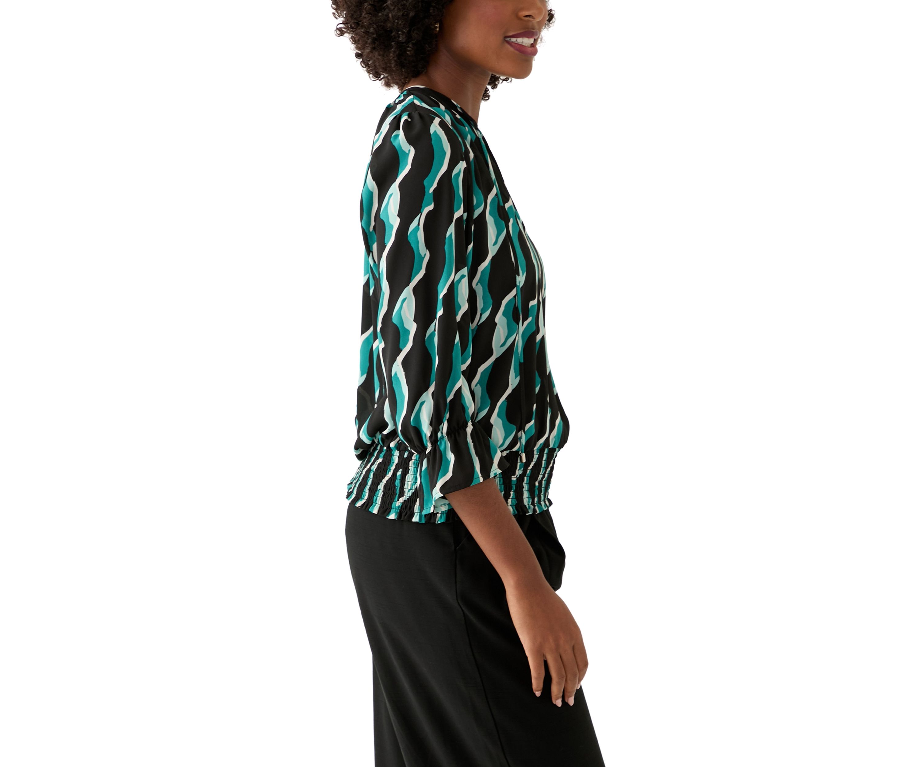 Womens Long Sleeve Split Neck Geometric Top 