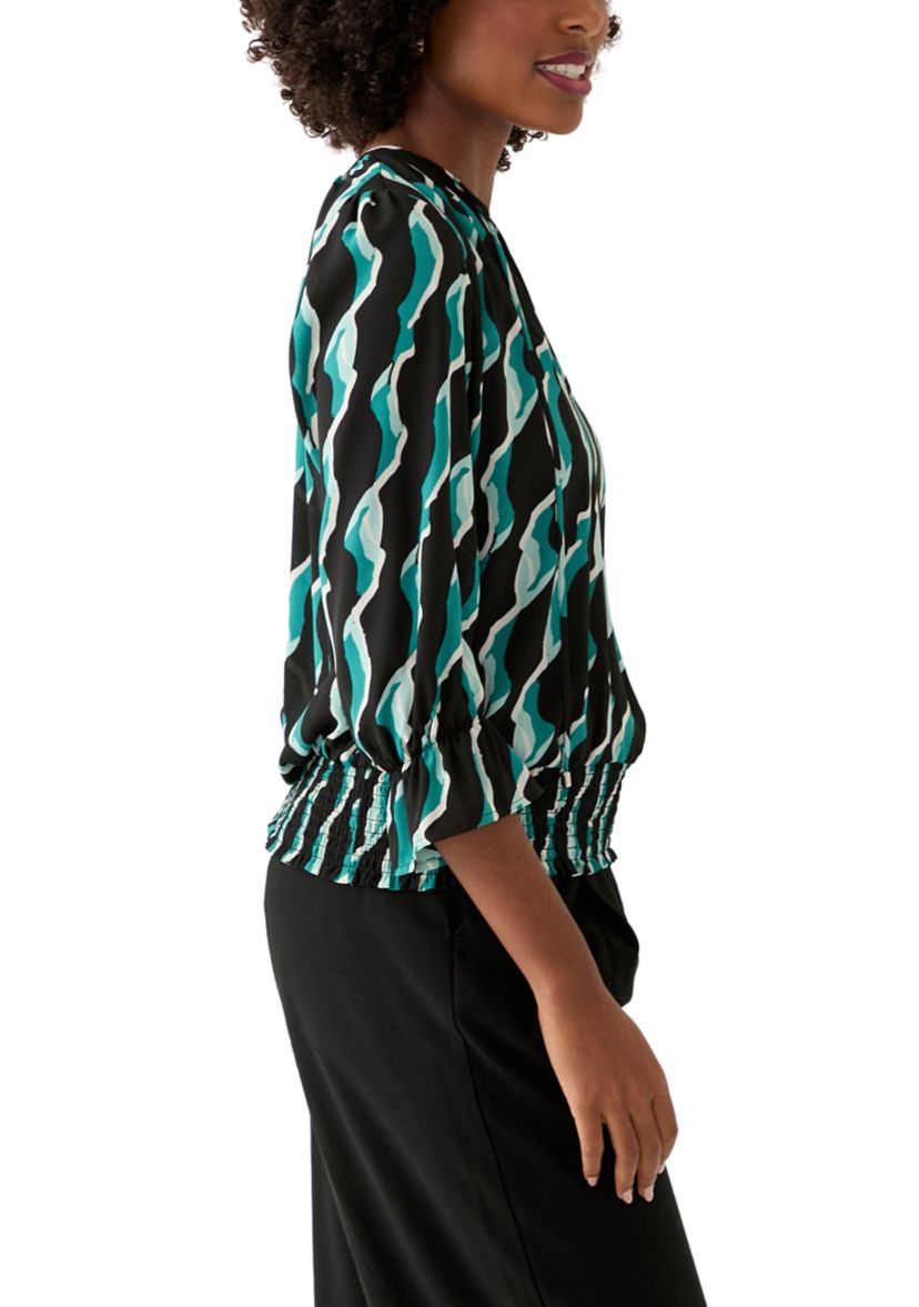 Womens Long Sleeve Split Neck Geometric Top 