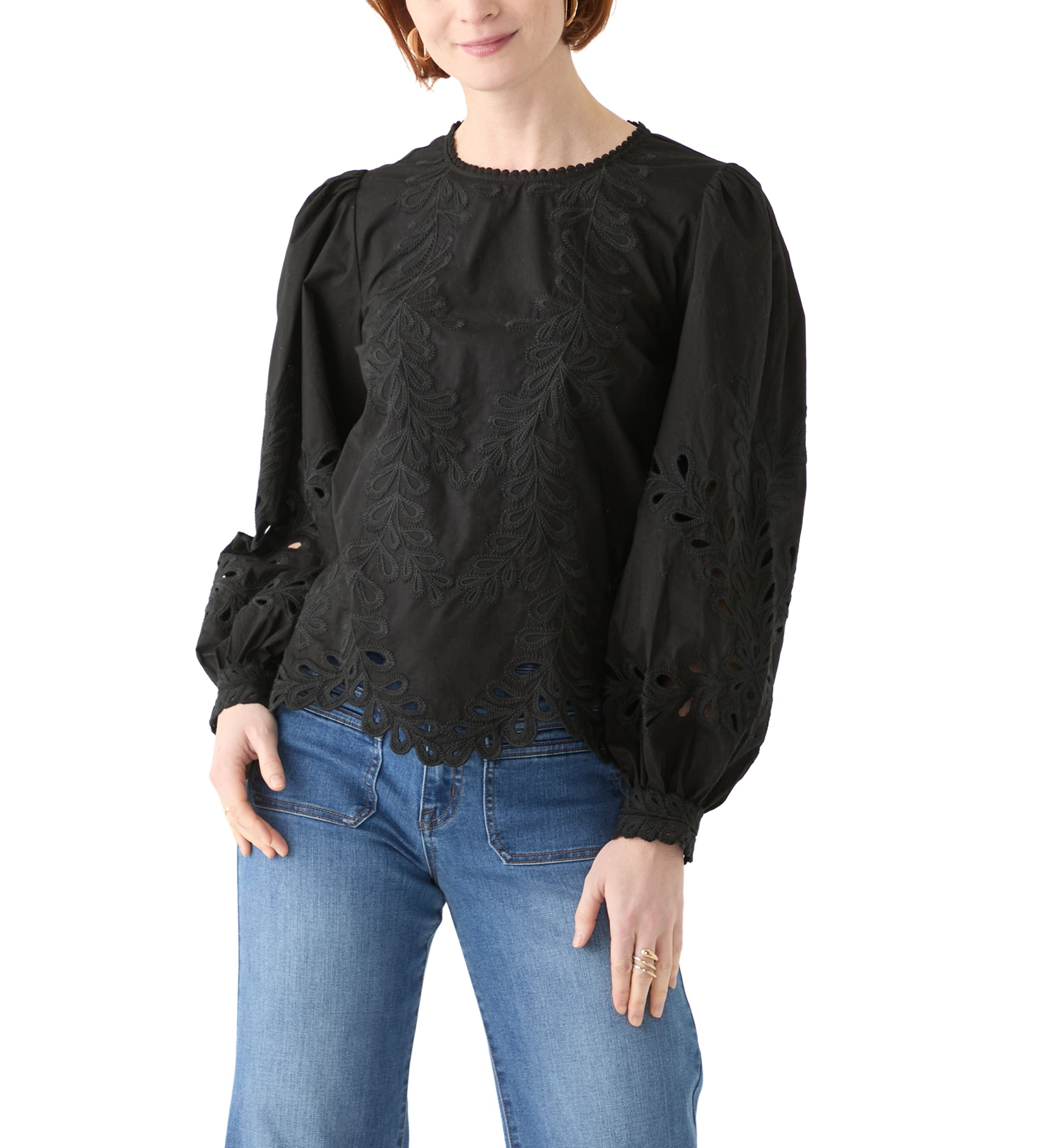 Womens Long Sleeve Round Neck Embroidered Blouse