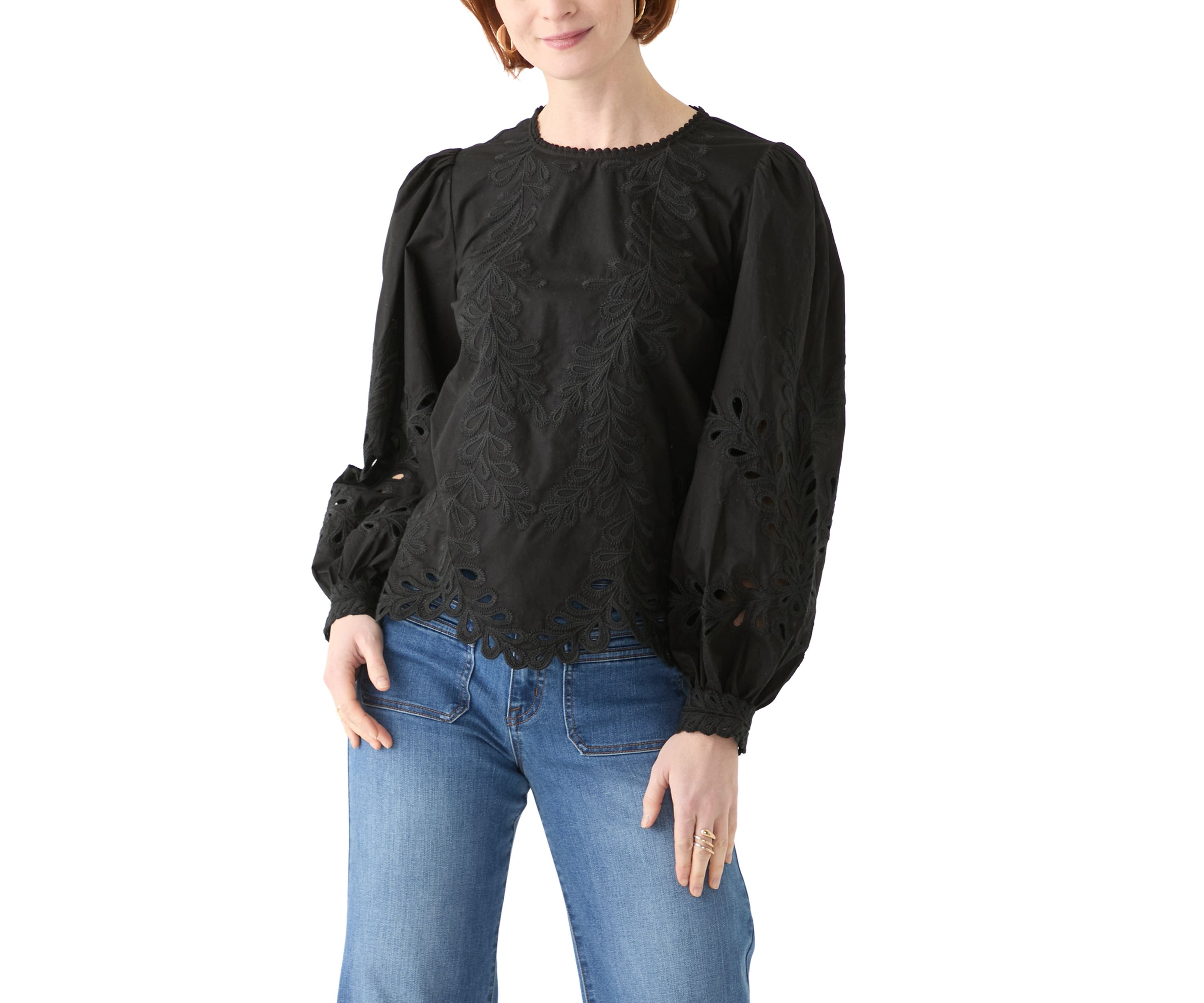 Womens Long Sleeve Round Neck Embroidered Blouse