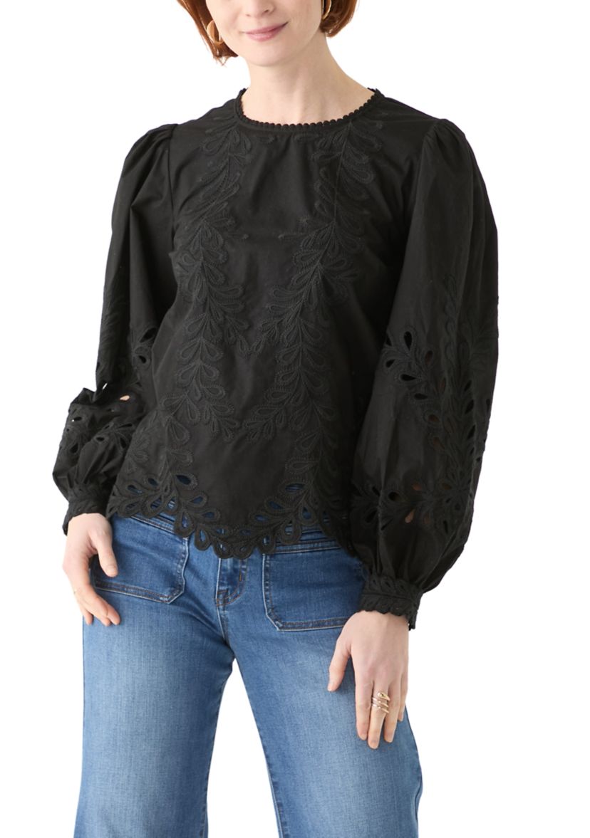 Womens Long Sleeve Round Neck Embroidered Blouse