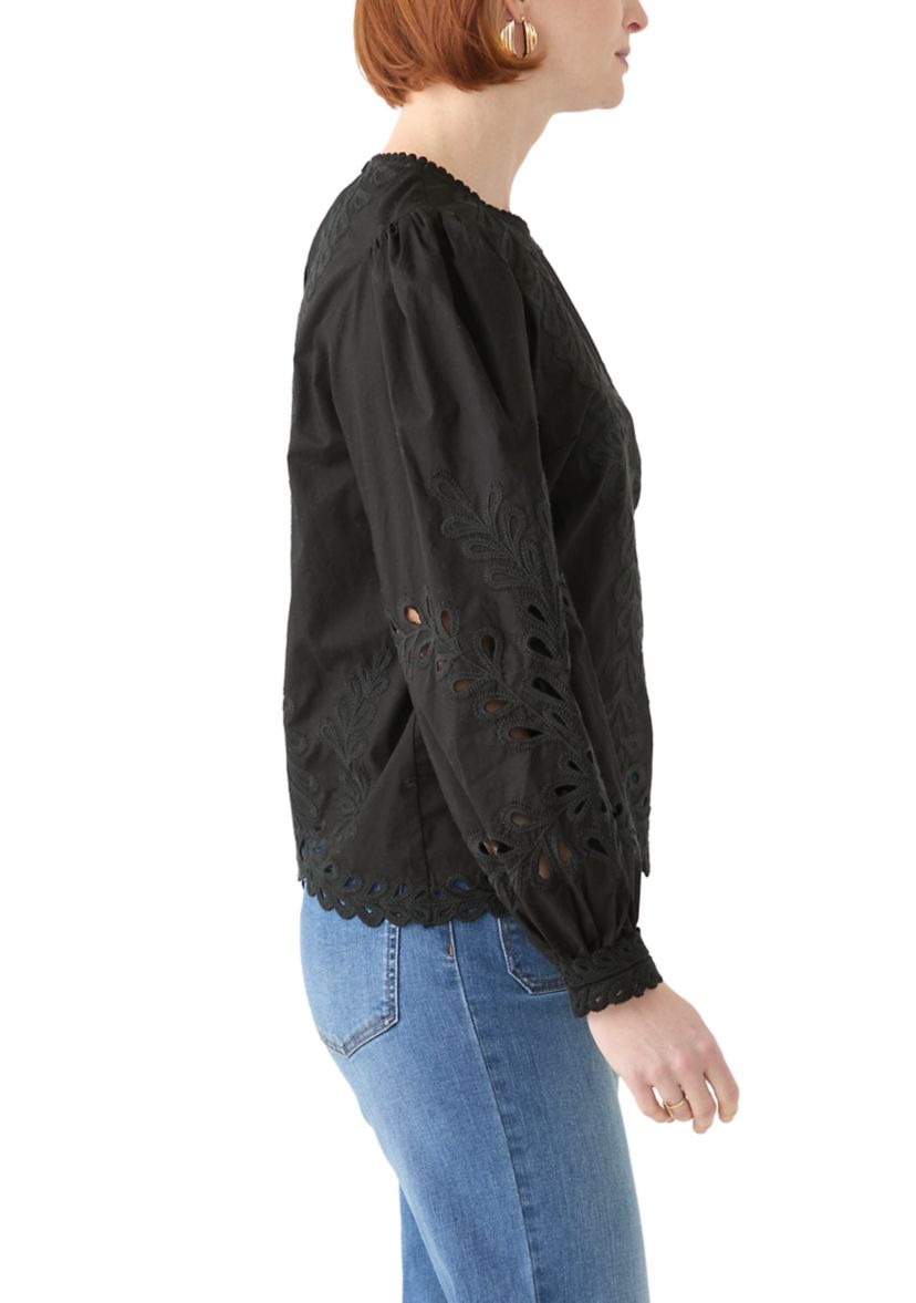 Womens Long Sleeve Round Neck Embroidered Blouse