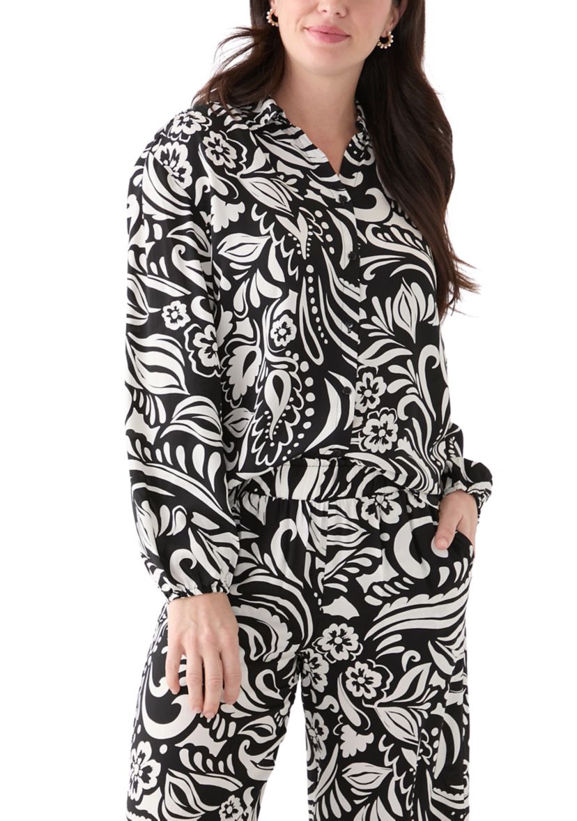 Womens Long Sleeve Open Collar Button Front Blouse