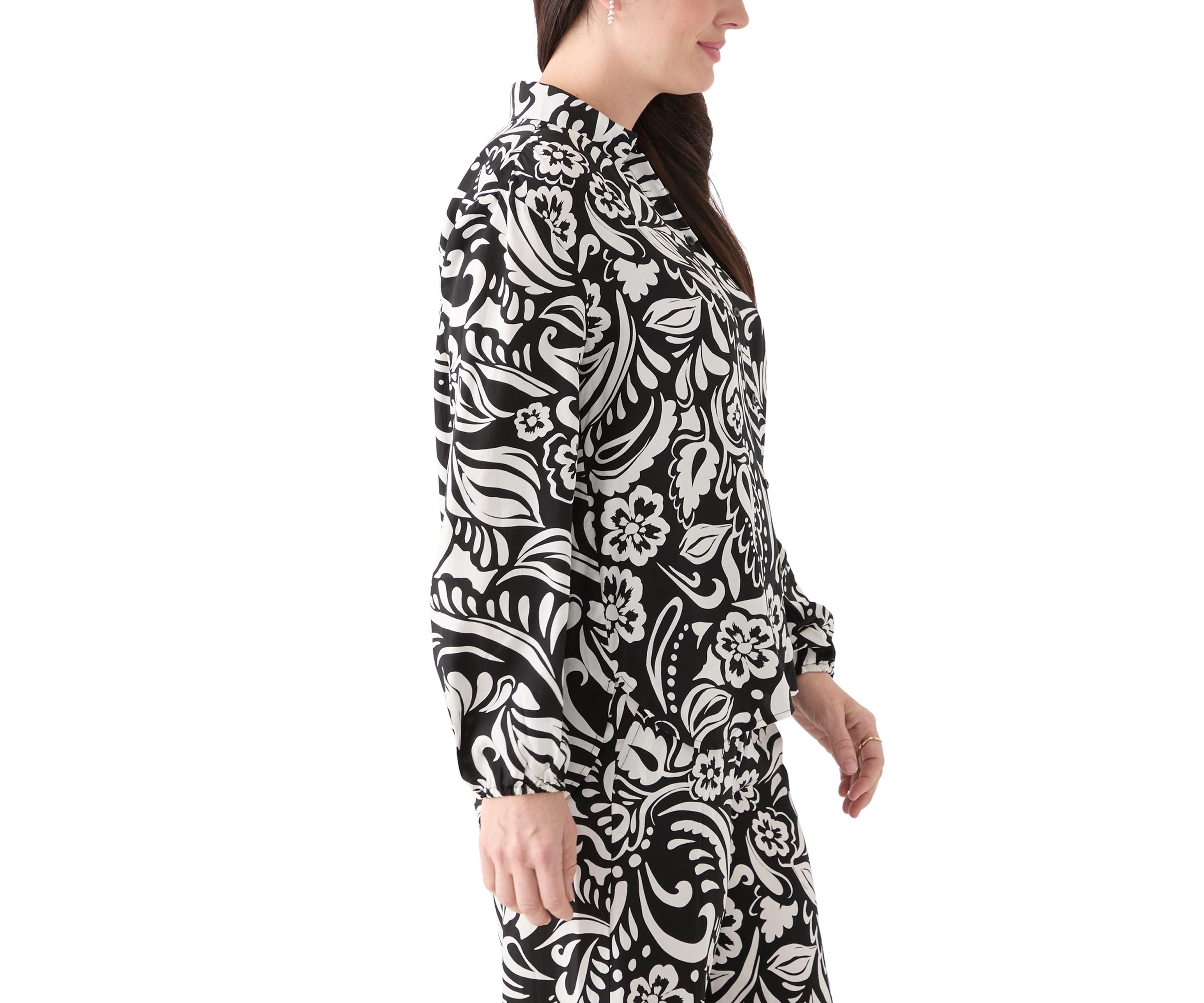 Womens Long Sleeve Open Collar Button Front Blouse