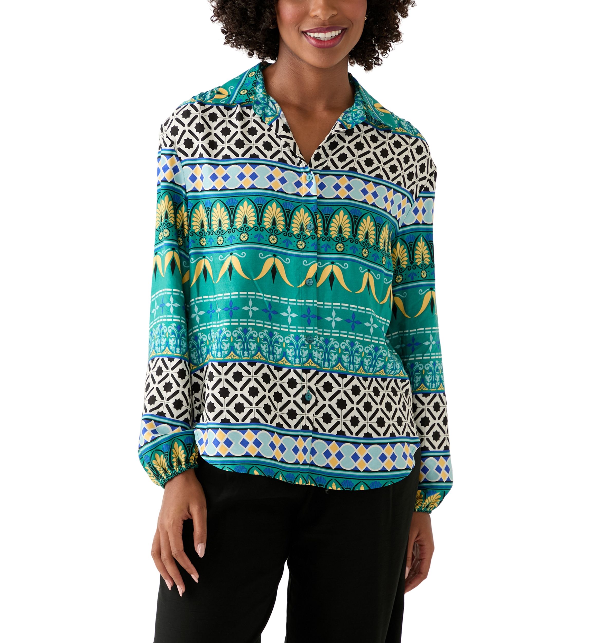 Womens Long Sleeve Printed Collared Button Front Top
