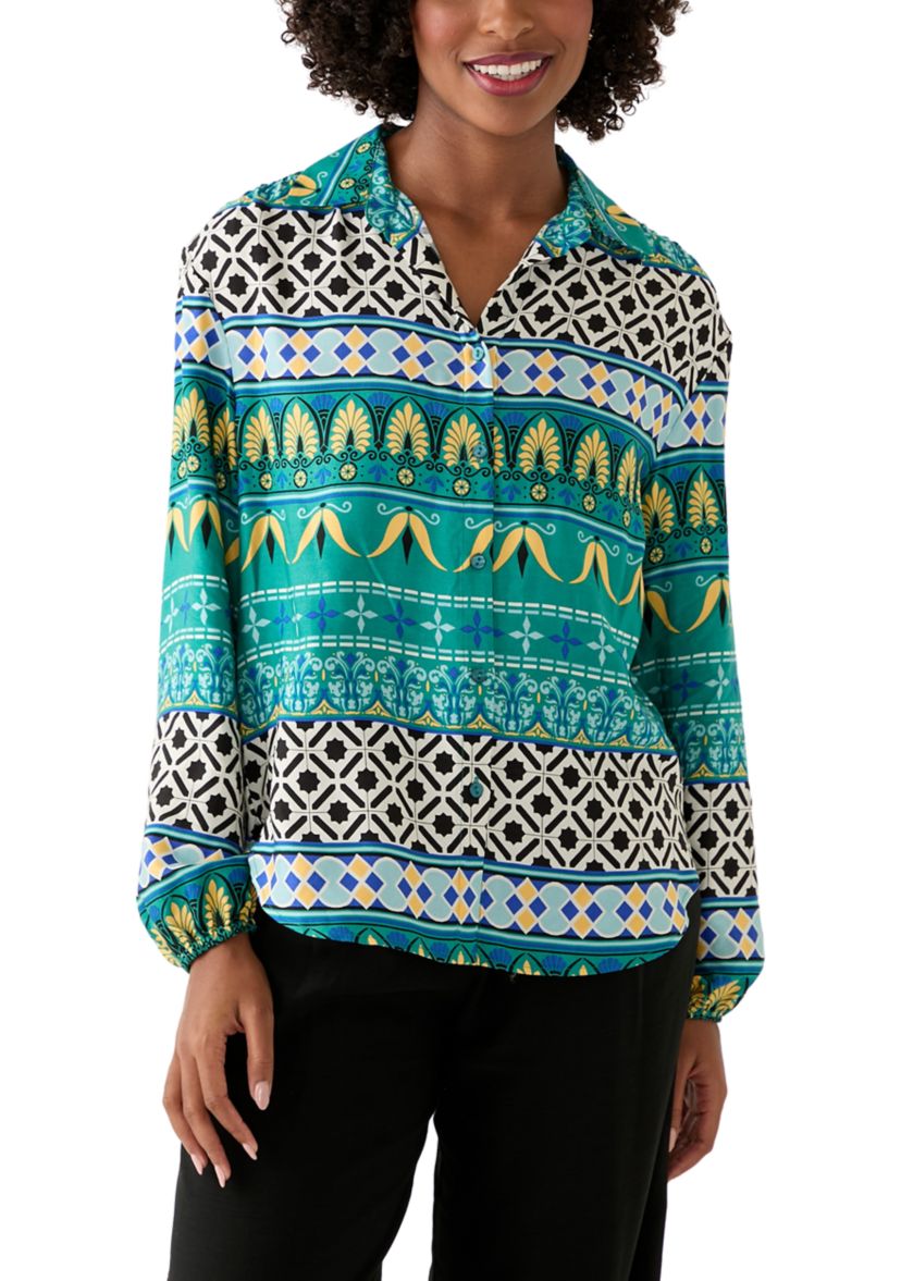 Womens Long Sleeve Printed Collared Button Front Top
