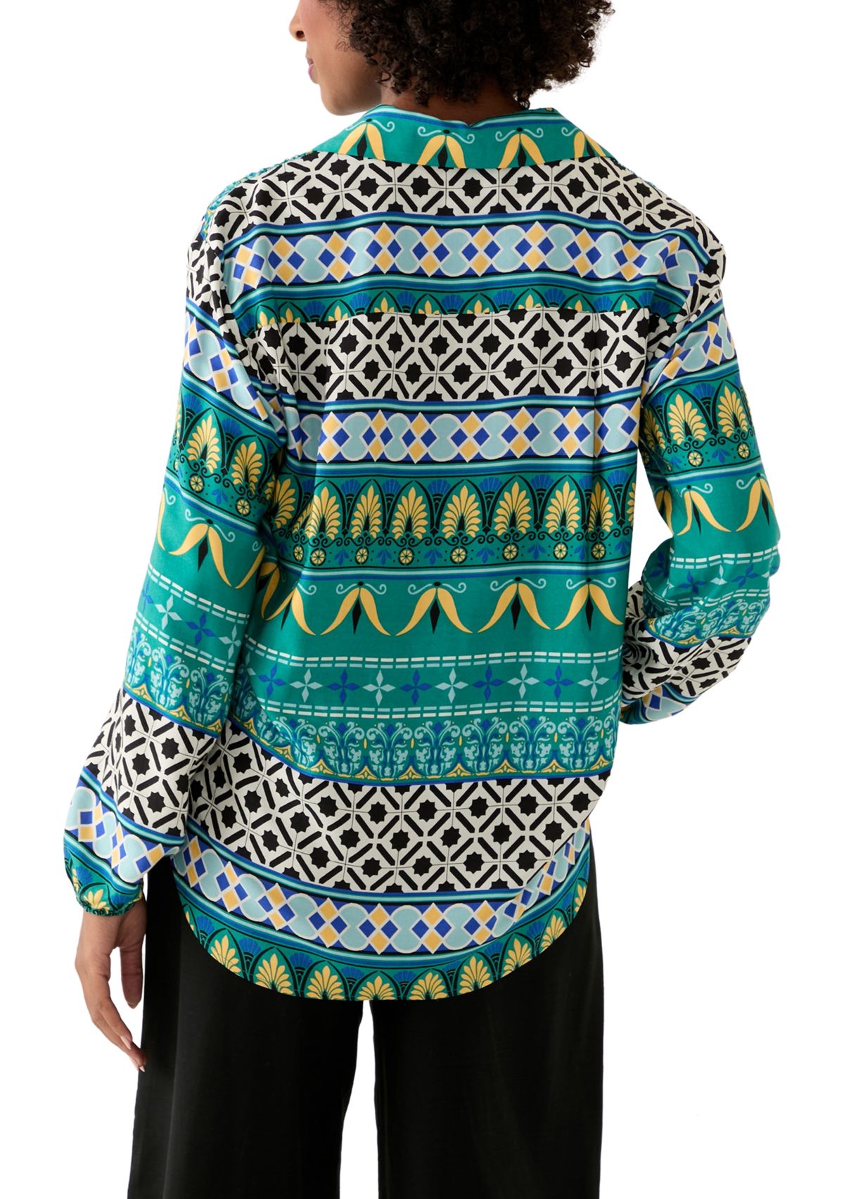 Womens Long Sleeve Printed Collared Button Front Top