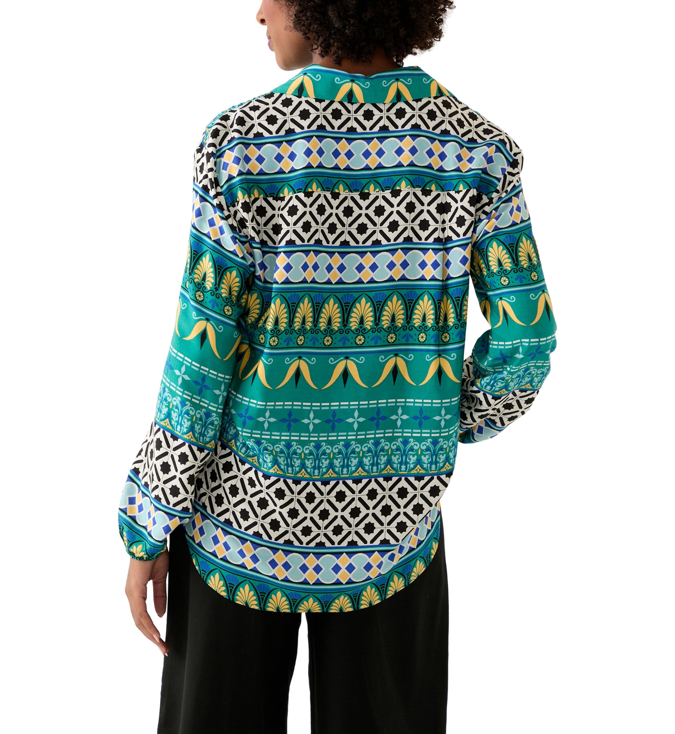 Womens Long Sleeve Printed Collared Button Front Top
