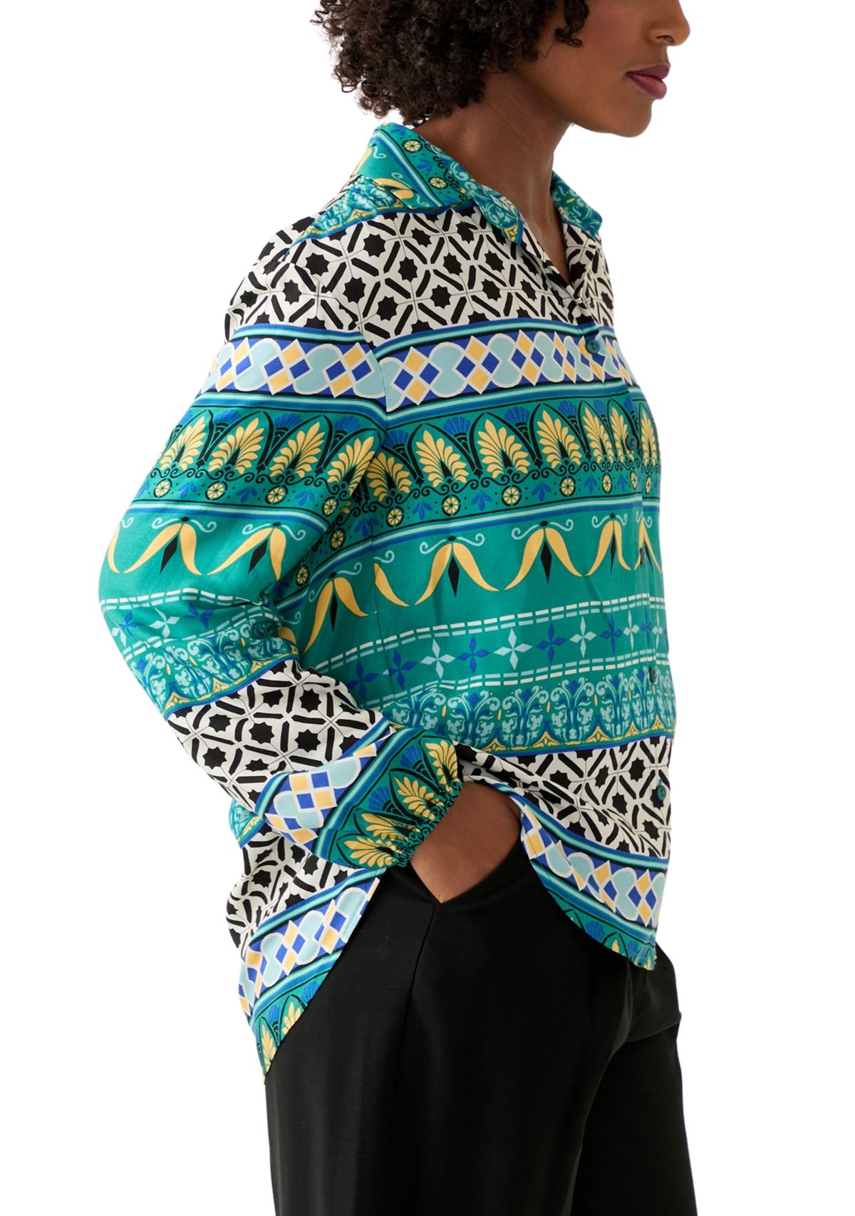 Womens Long Sleeve Printed Collared Button Front Top