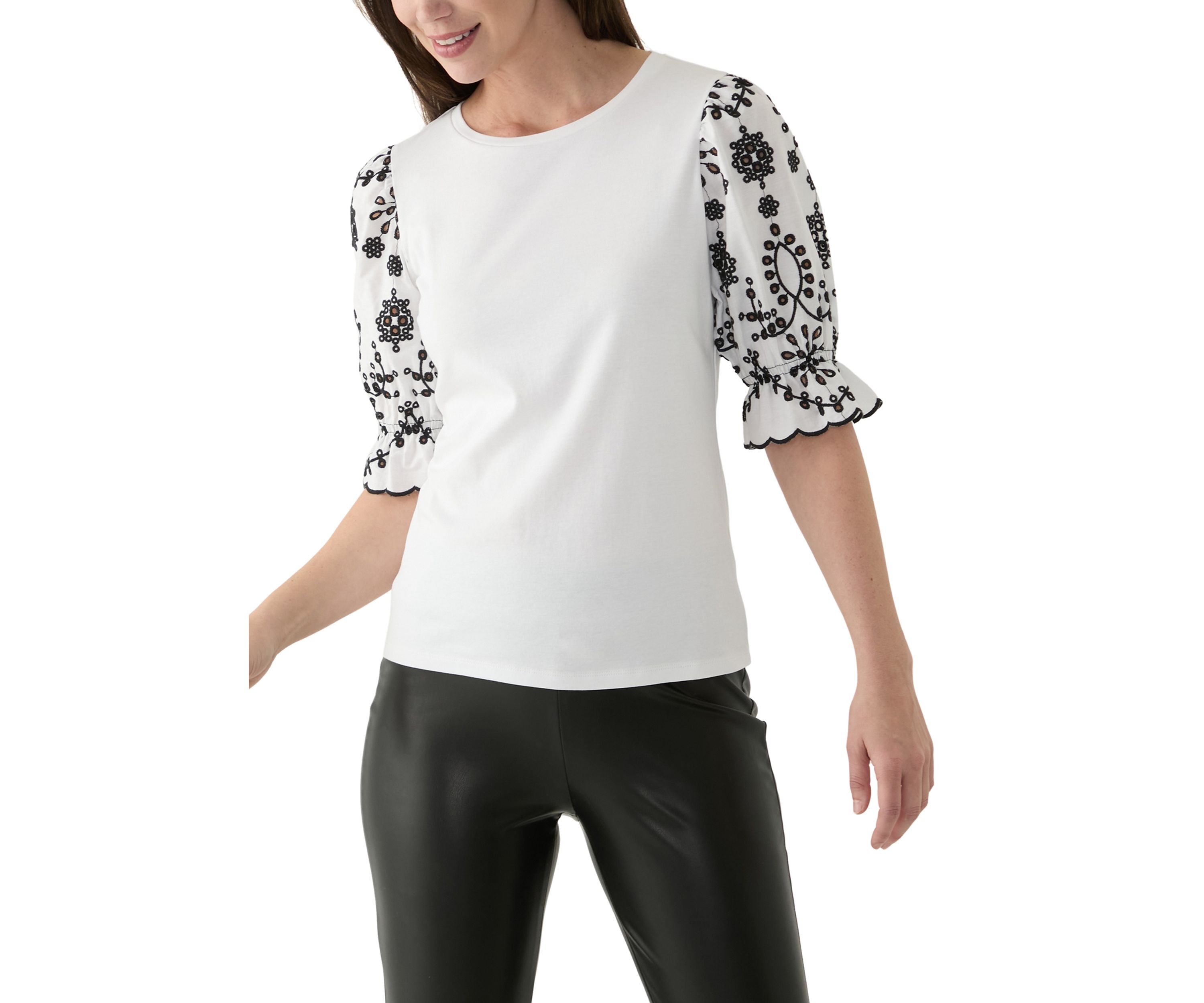 Womens Mix Woven Knit Embroidered Sleeve T-Shirt
