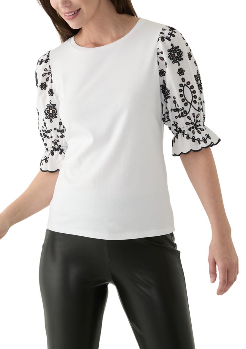 Womens Mix Woven Knit Embroidered Sleeve T-Shirt