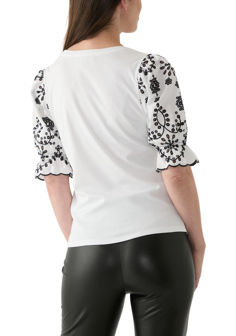 Womens Mix Woven Knit Embroidered Sleeve T-Shirt