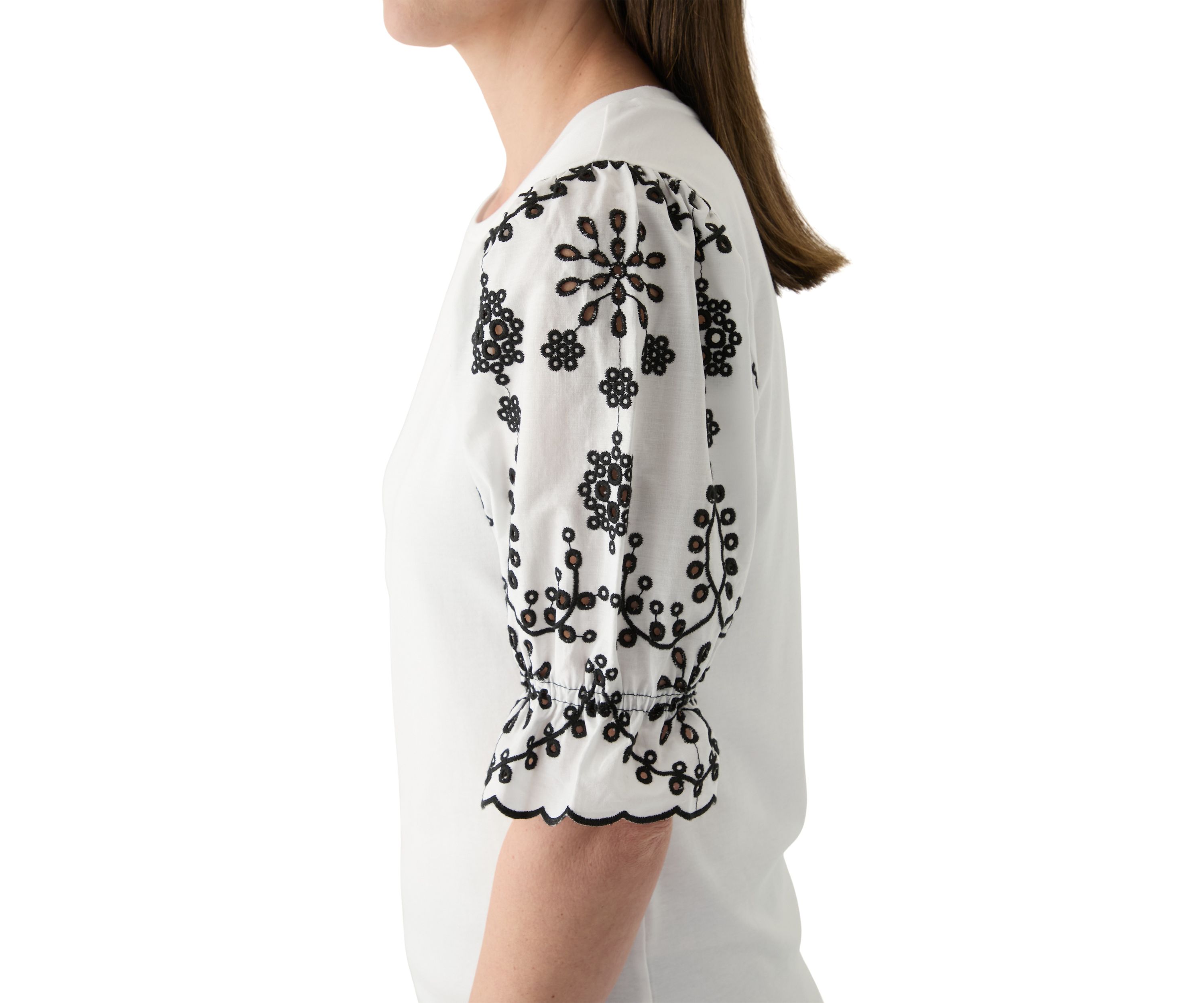 Womens Mix Woven Knit Embroidered Sleeve T-Shirt