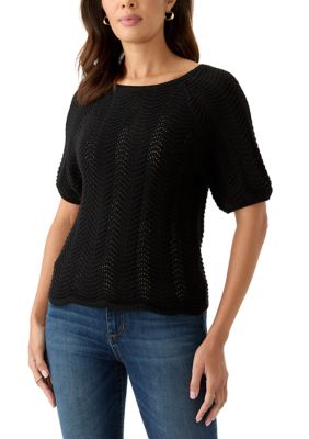 PHILOSOPHY BY REPUBLIC Women's Elbow Sleeve Boat Neck Pointelle Sweater, Black, Large