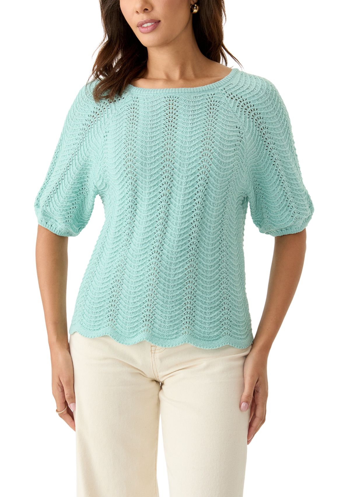 Womens Elbow Sleeve Boat Neck Pointelle Sweater