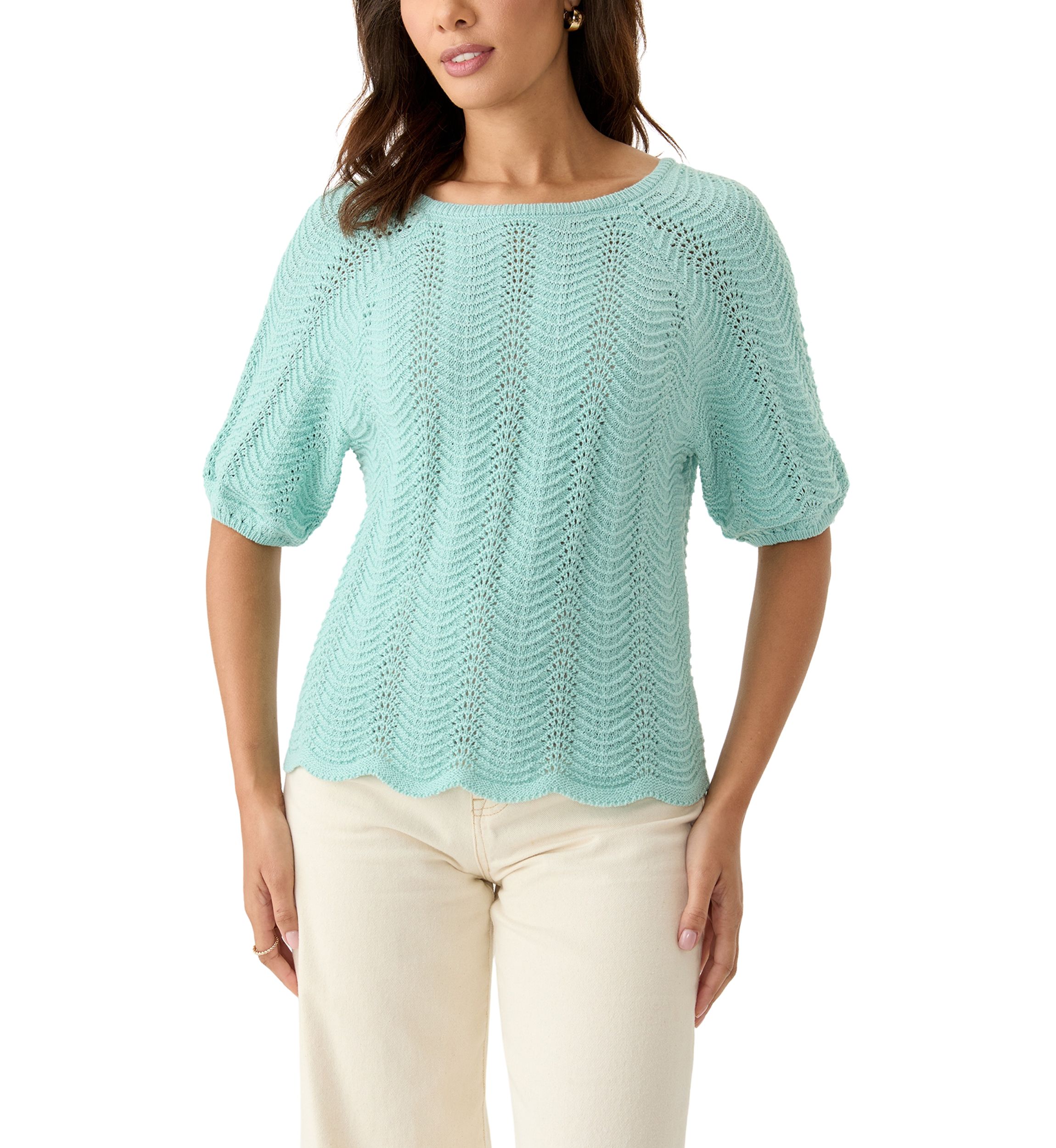 Womens Elbow Sleeve Boat Neck Pointelle Sweater