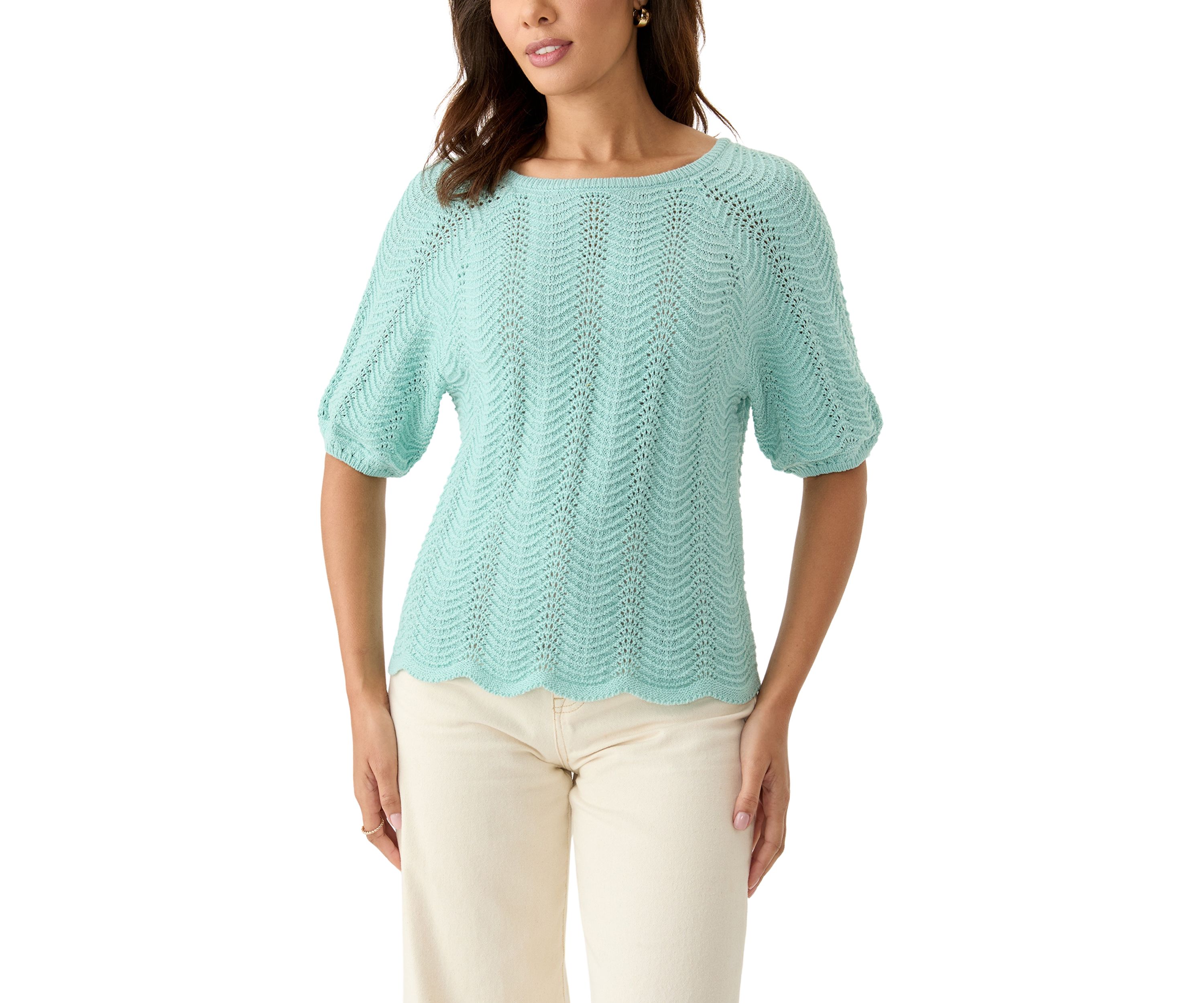 Womens Elbow Sleeve Boat Neck Pointelle Sweater