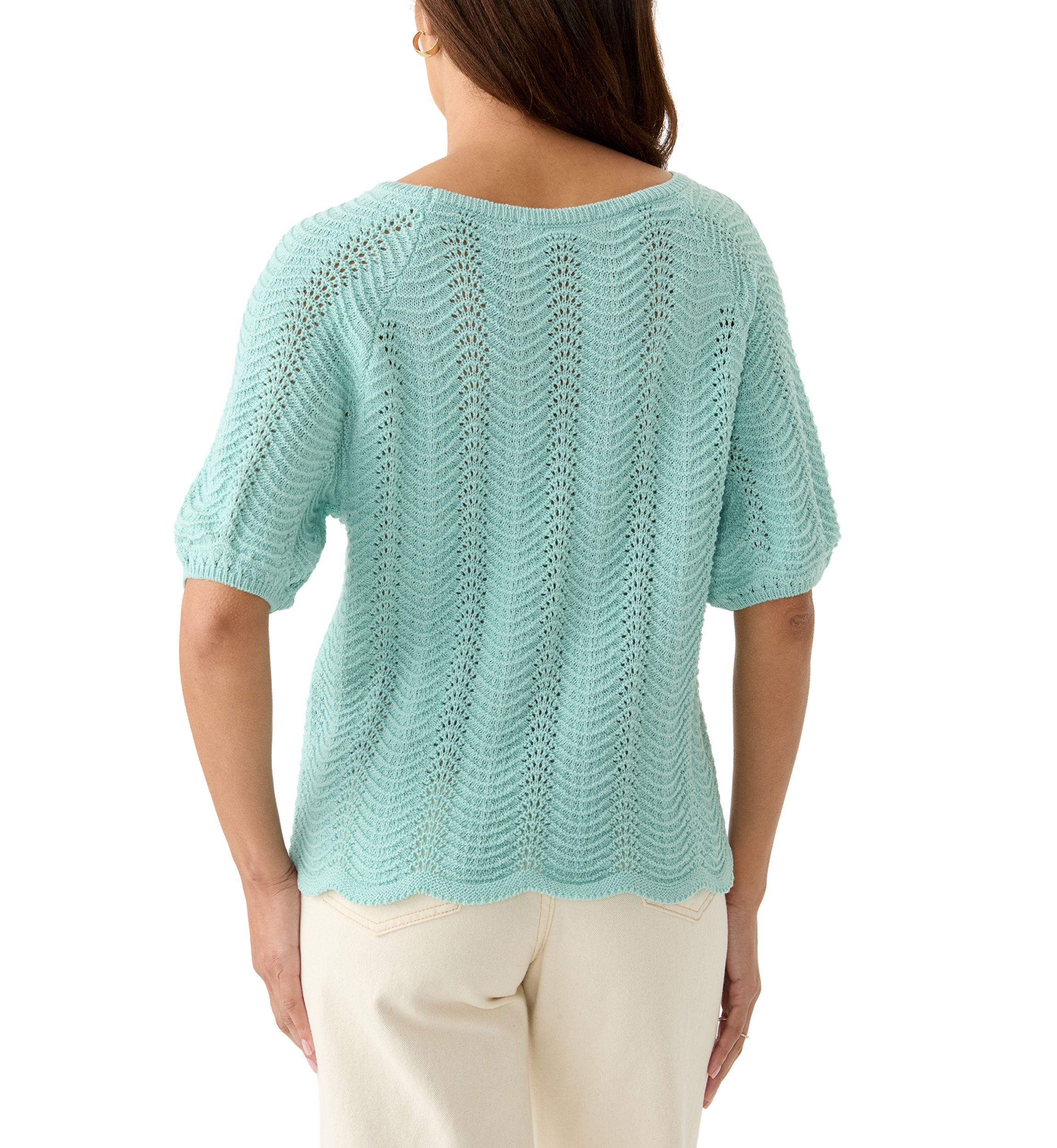 Womens Elbow Sleeve Boat Neck Pointelle Sweater