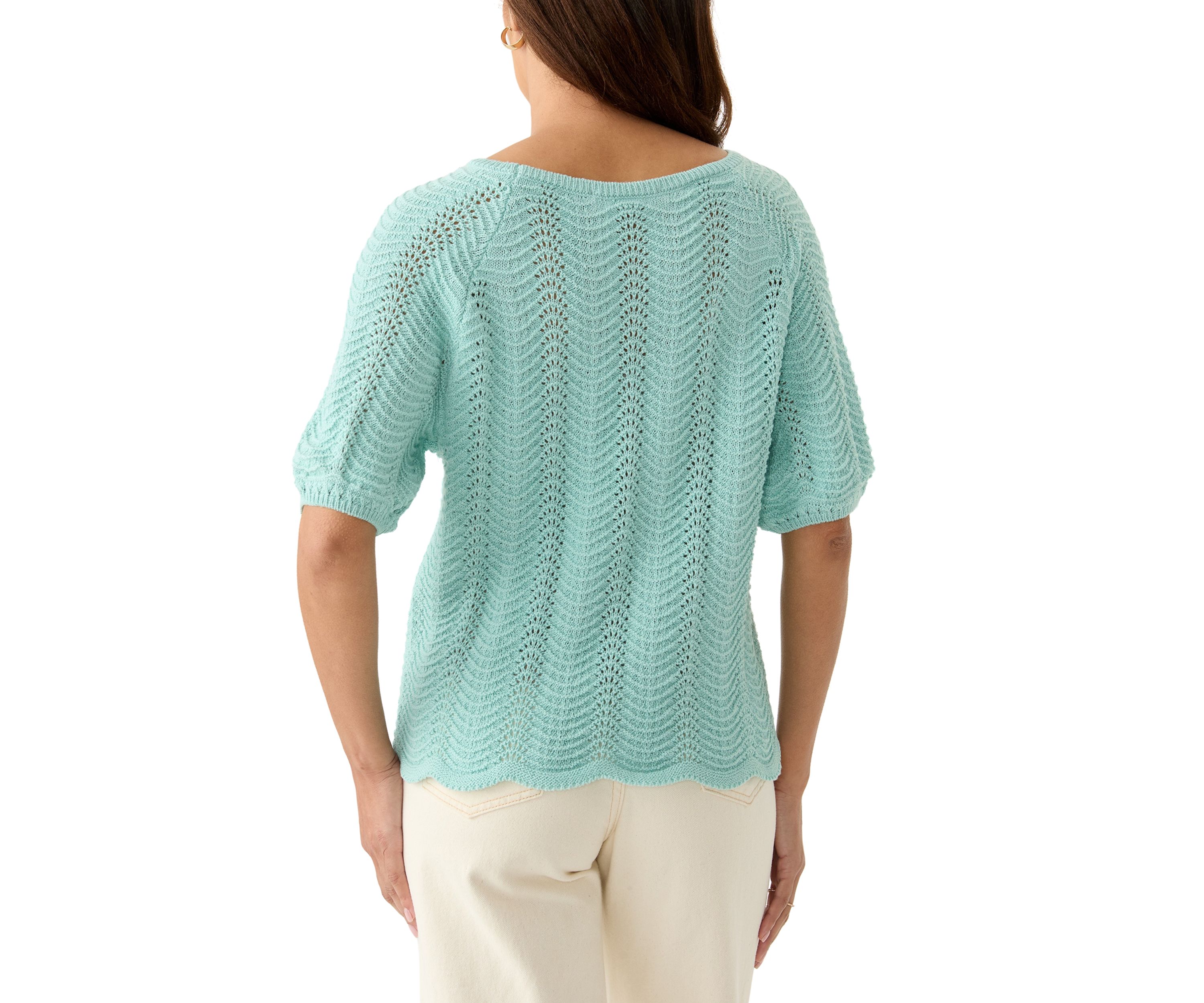 Womens Elbow Sleeve Boat Neck Pointelle Sweater