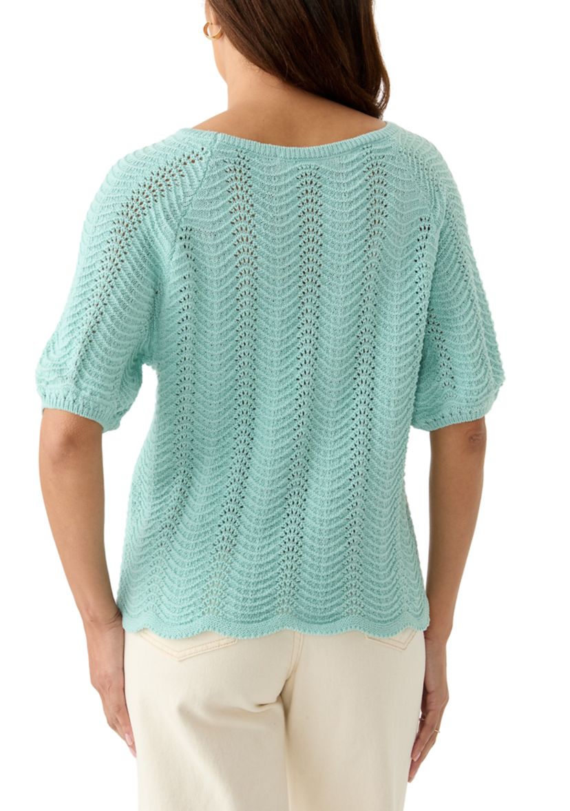 Womens Elbow Sleeve Boat Neck Pointelle Sweater