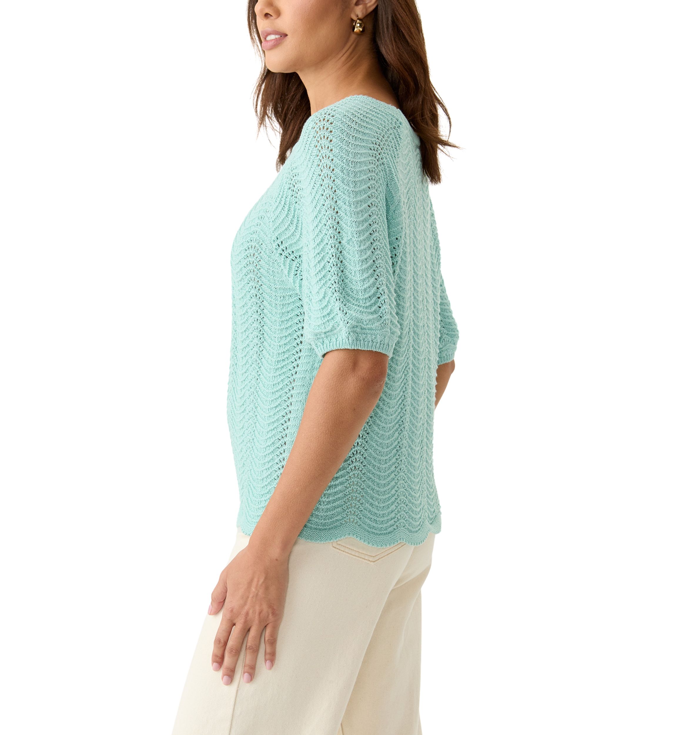 Womens Elbow Sleeve Boat Neck Pointelle Sweater