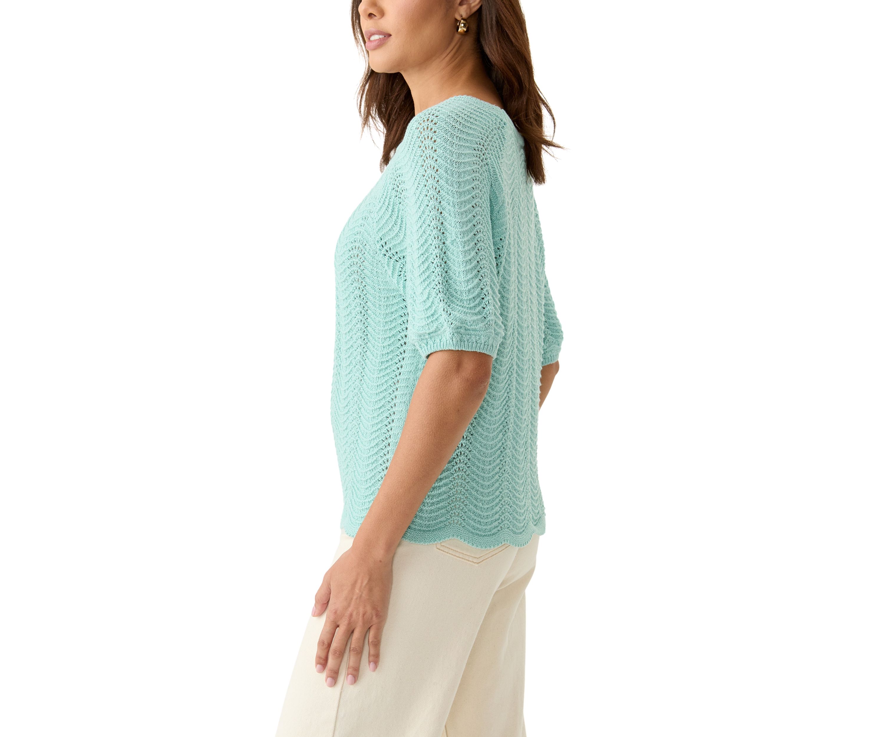 Womens Elbow Sleeve Boat Neck Pointelle Sweater